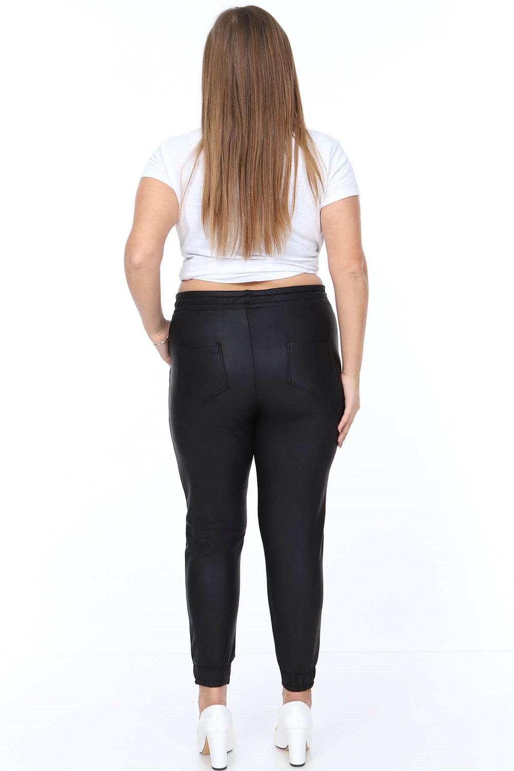 Siyah suni deri bel ve paça lastikli pantolon