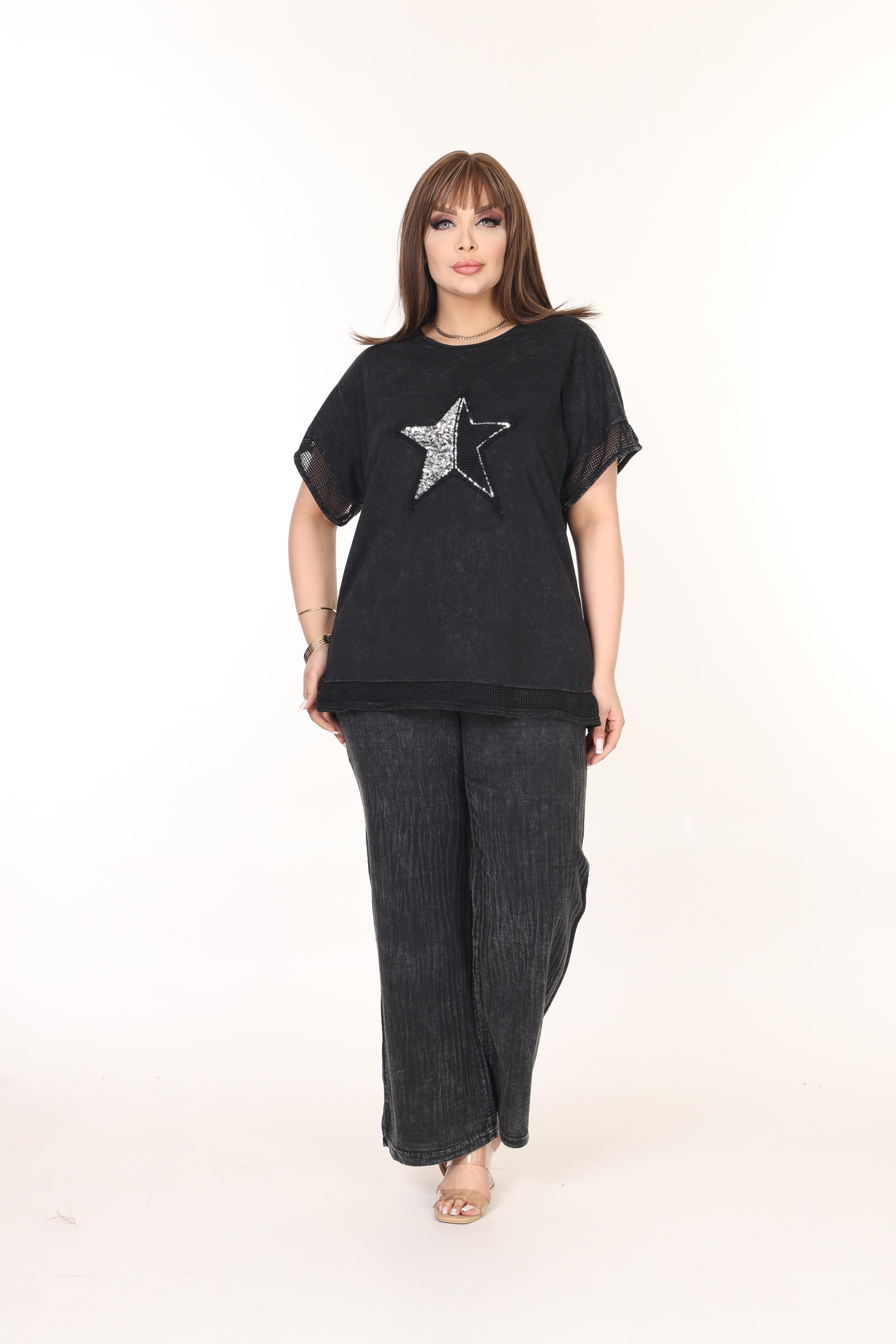 Siyah  Taş Baskılı %pamuk Yıkamalı Kumaş Takım