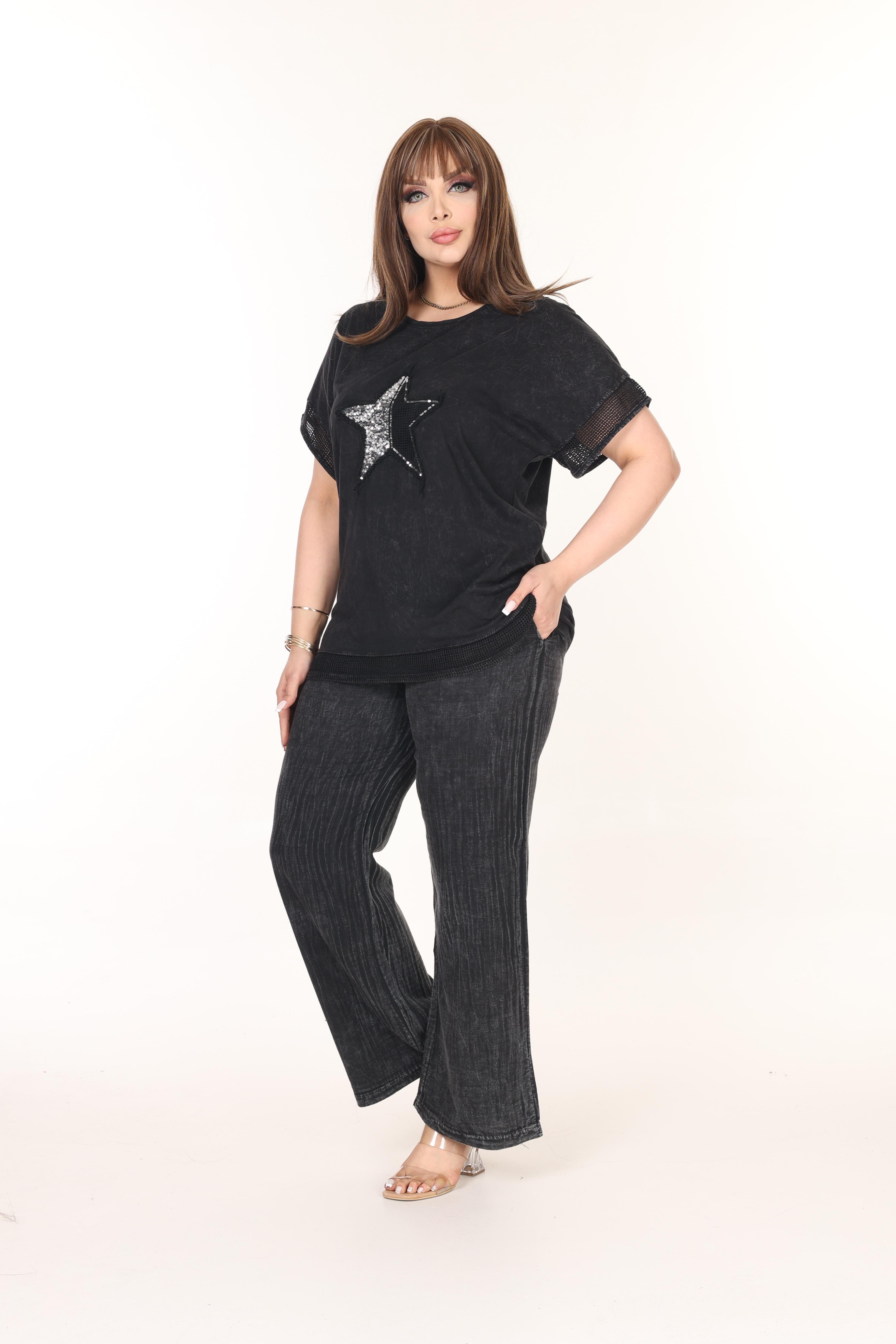 Siyah  Taş Baskılı %pamuk Yıkamalı Kumaş Takım