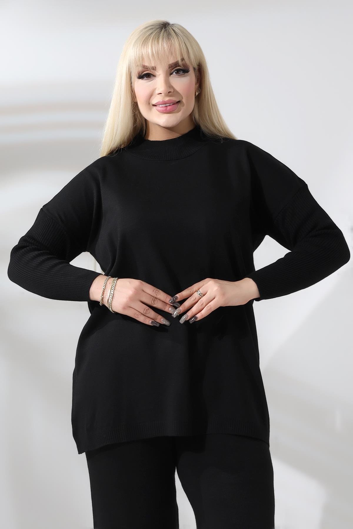 Siyah Yarım Balıkçı Yaka İnce Triko Büyük Beden Kazak