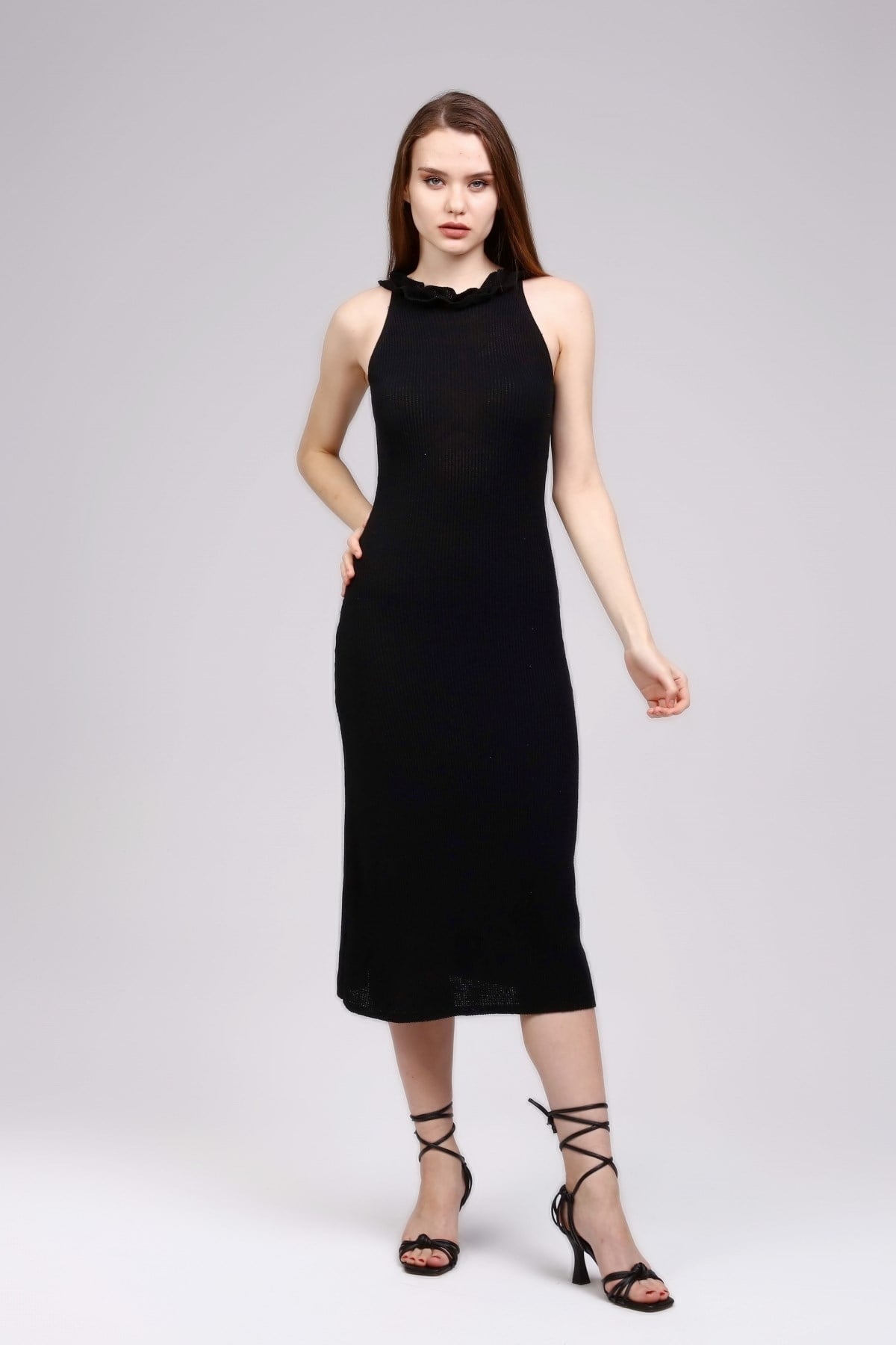 Triko Halter Yaka Midi Boy Elbise 