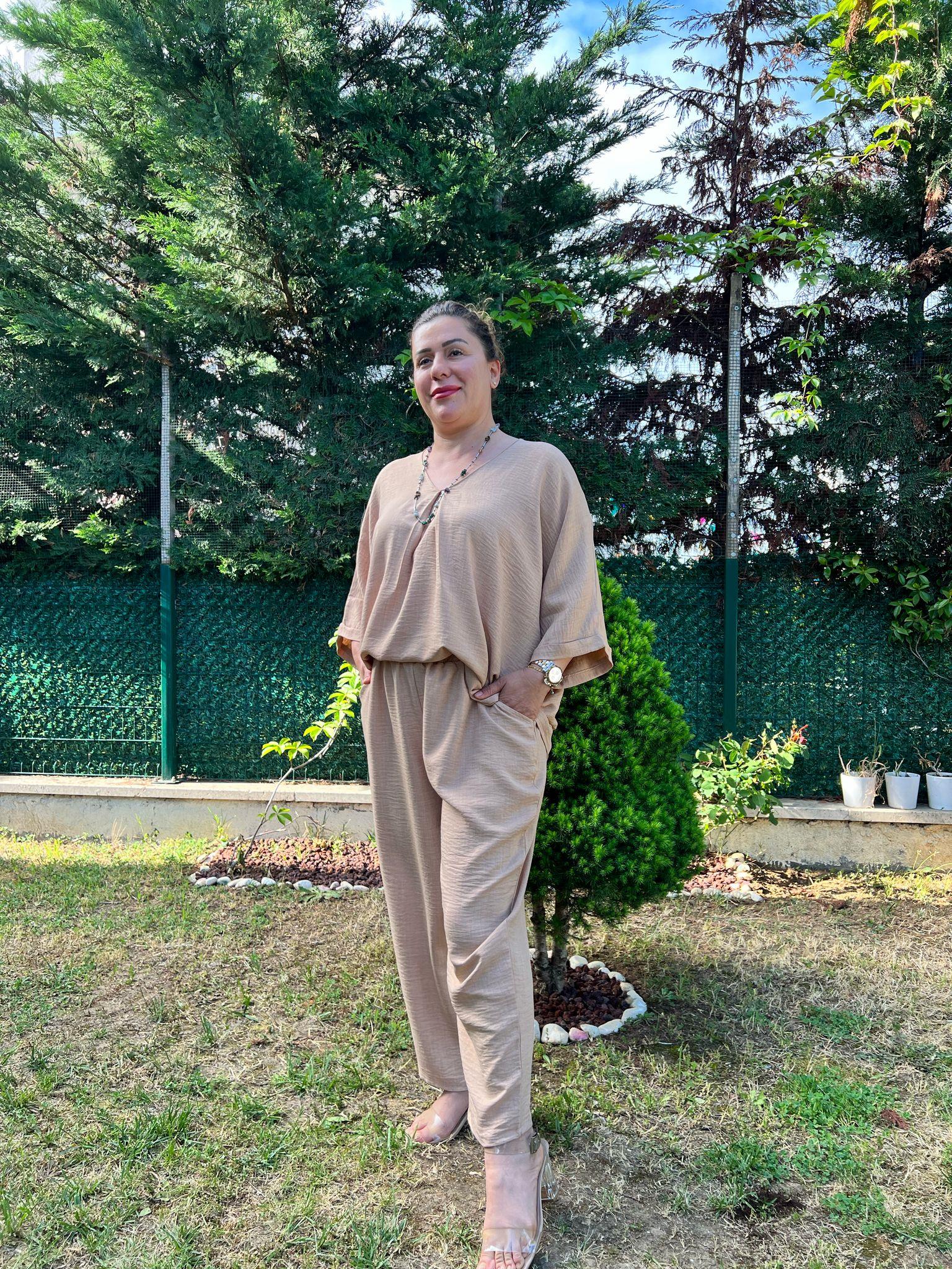 V Yaka Rahat Kalıp Keten Büyük Beden Takım