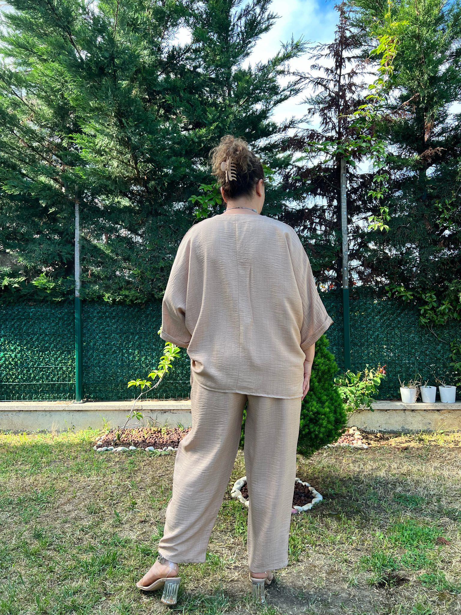 V Yaka Rahat Kalıp Keten Büyük Beden Takım