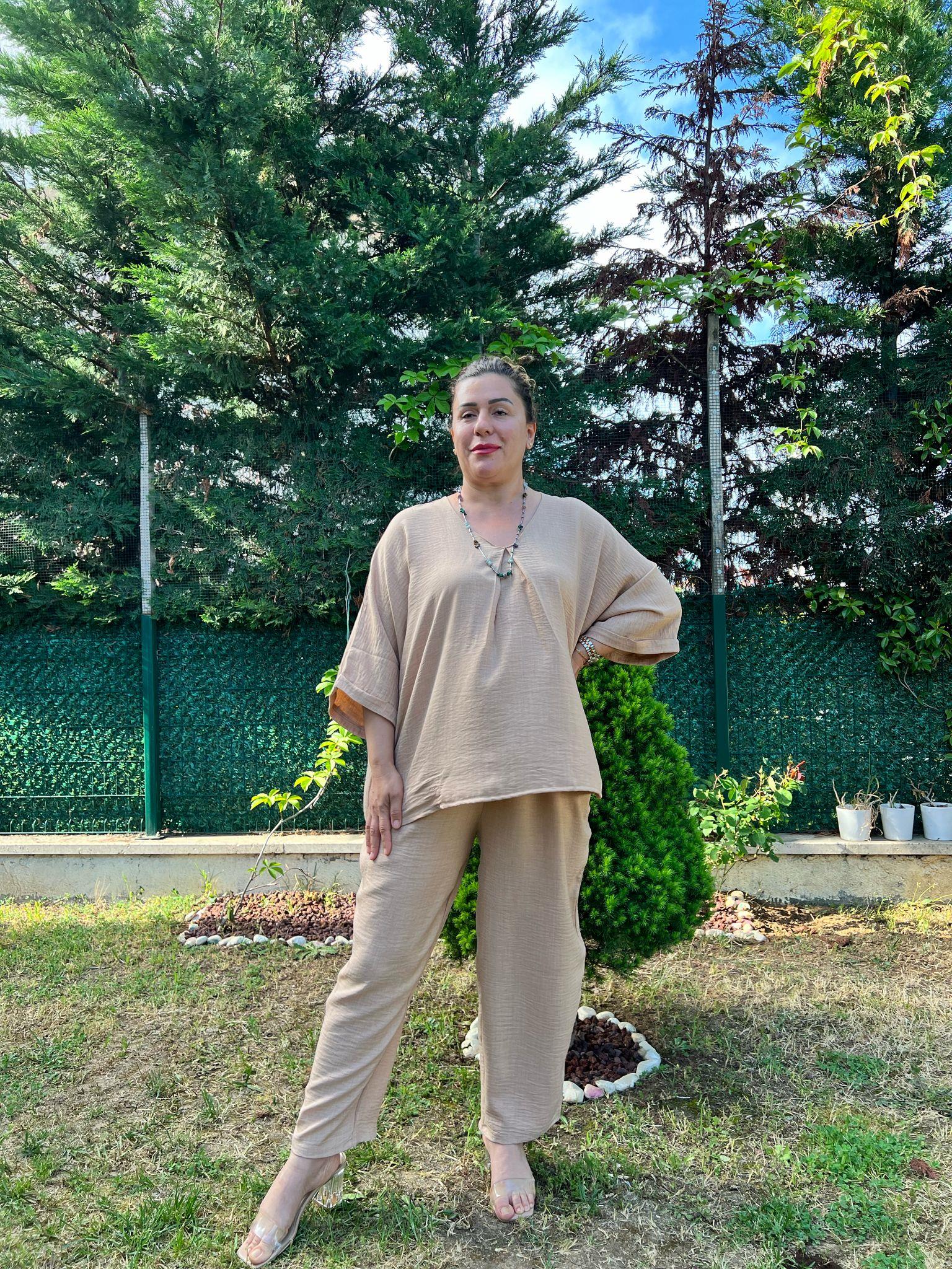 V Yaka Rahat Kalıp Keten Büyük Beden Takım