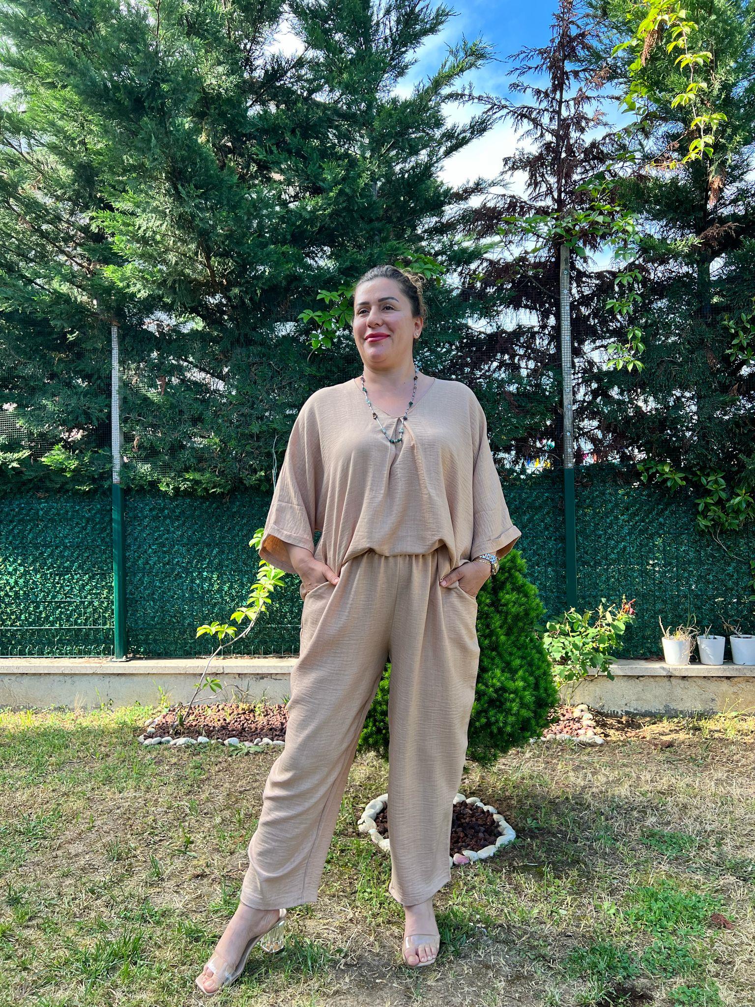 V Yaka Rahat Kalıp Keten Büyük Beden Takım