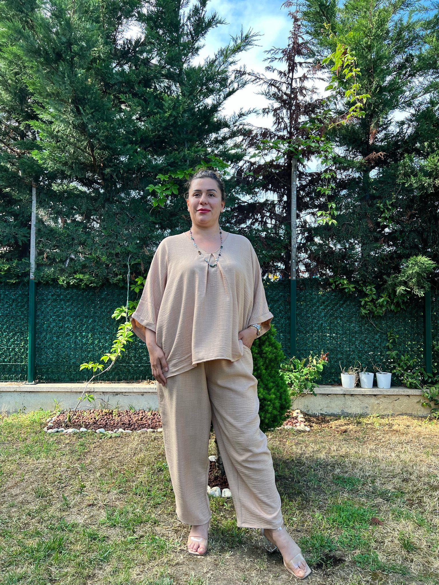 V Yaka Rahat Kalıp Keten Büyük Beden Takım