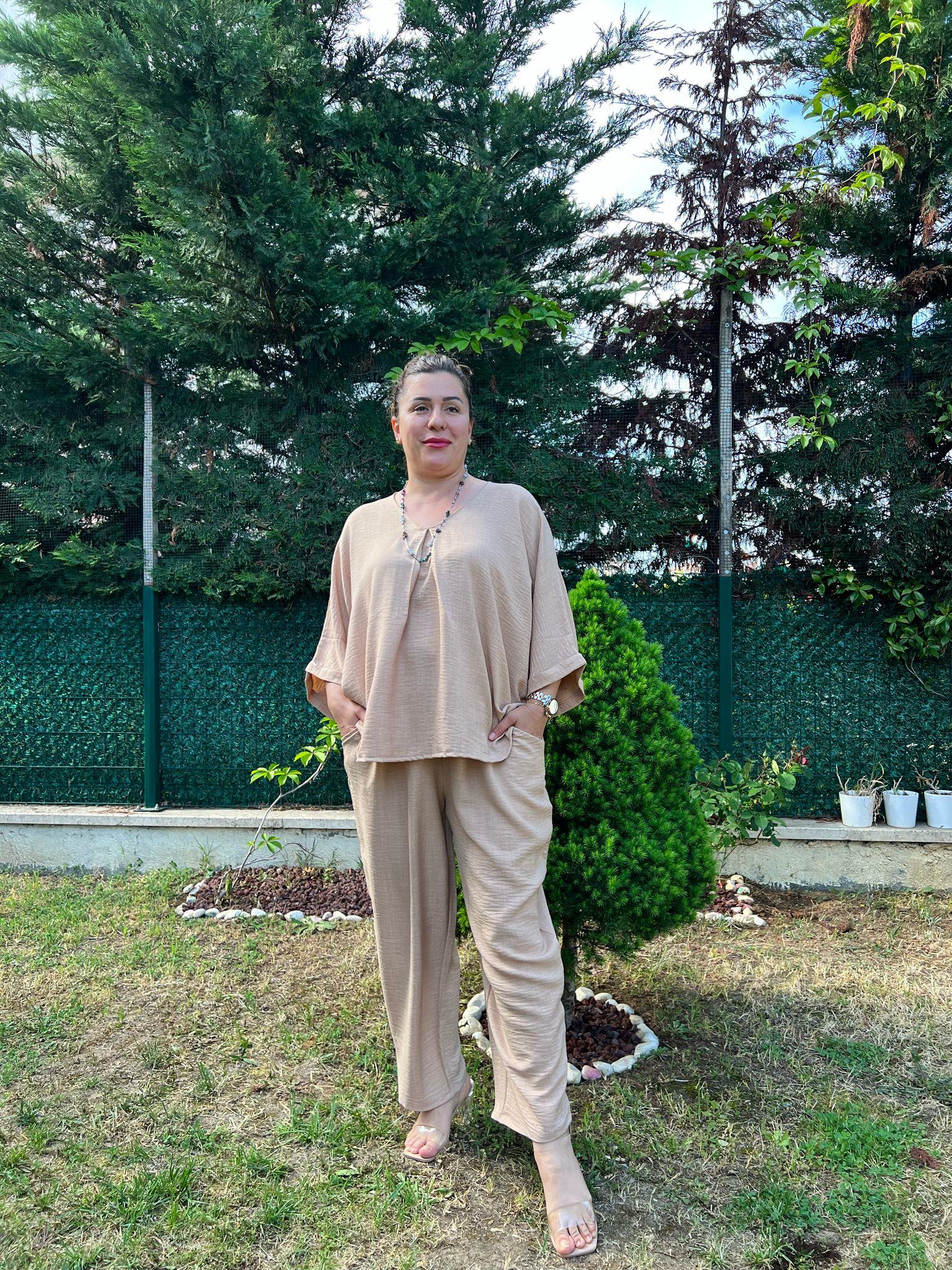 V Yaka Rahat Kalıp Keten Büyük Beden Takım