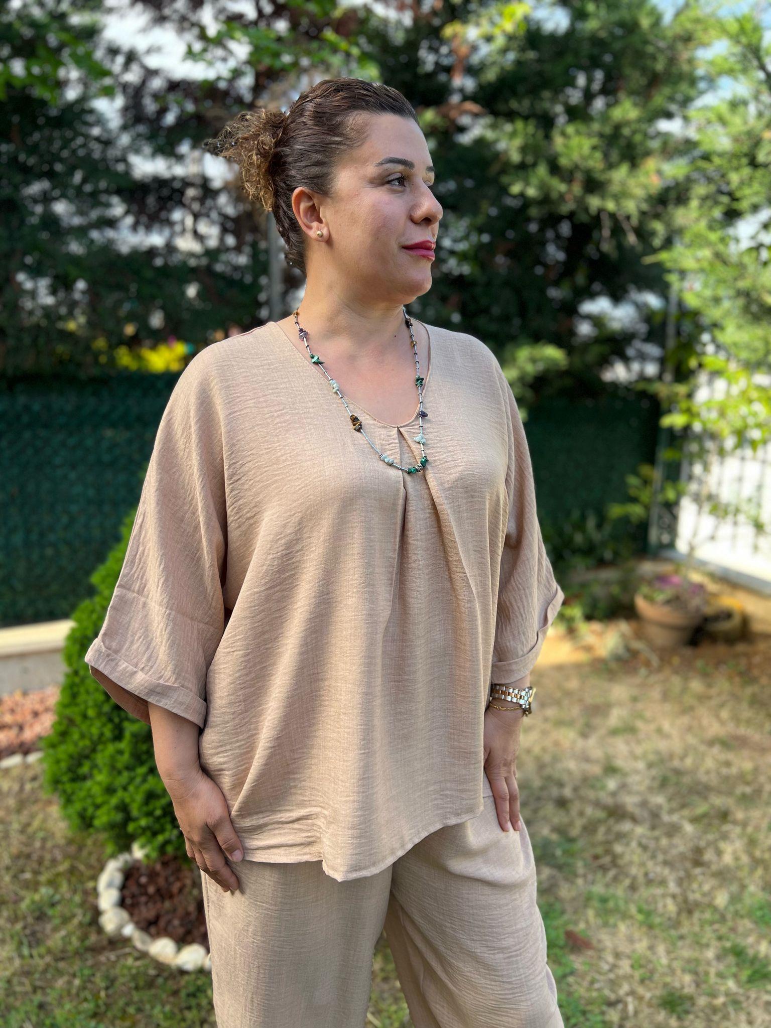 V Yaka Rahat Kalıp Keten Büyük Beden Takım