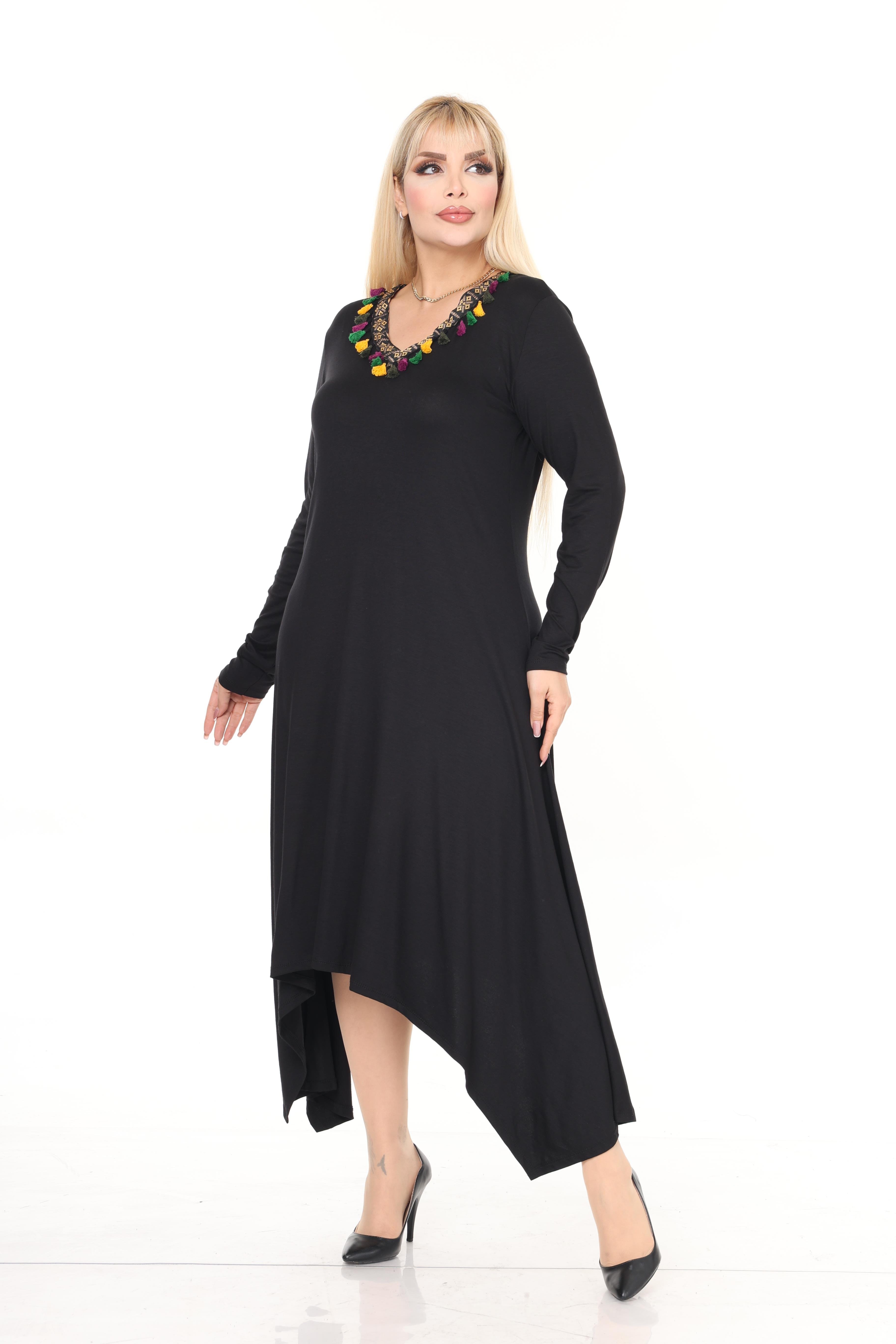 V Yaka Şeritli Asimetrik Viskon Örme Elbise