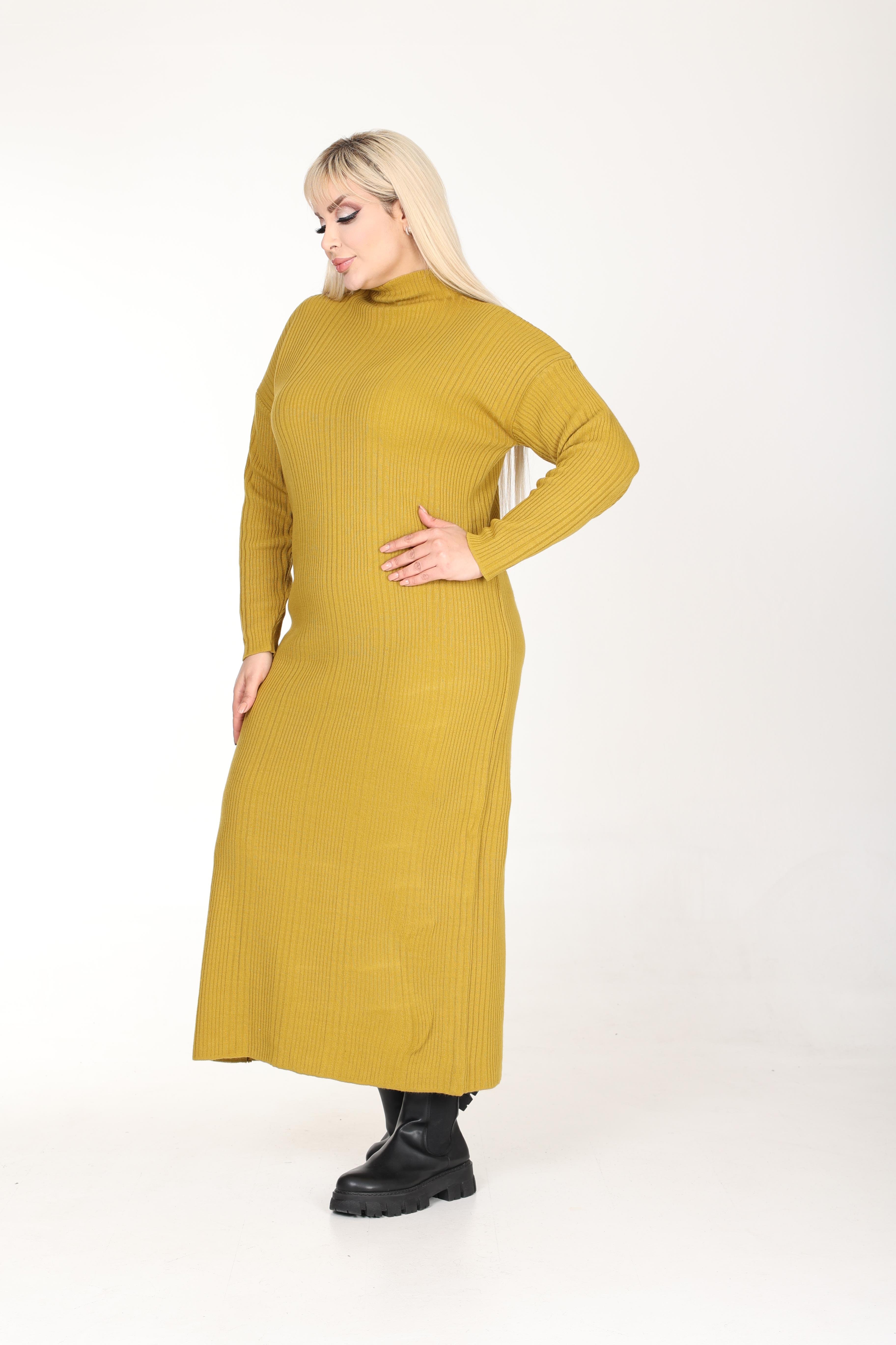 Yağ Yeşili Yarım Balıkçı Yaka Triko Örme Elbise