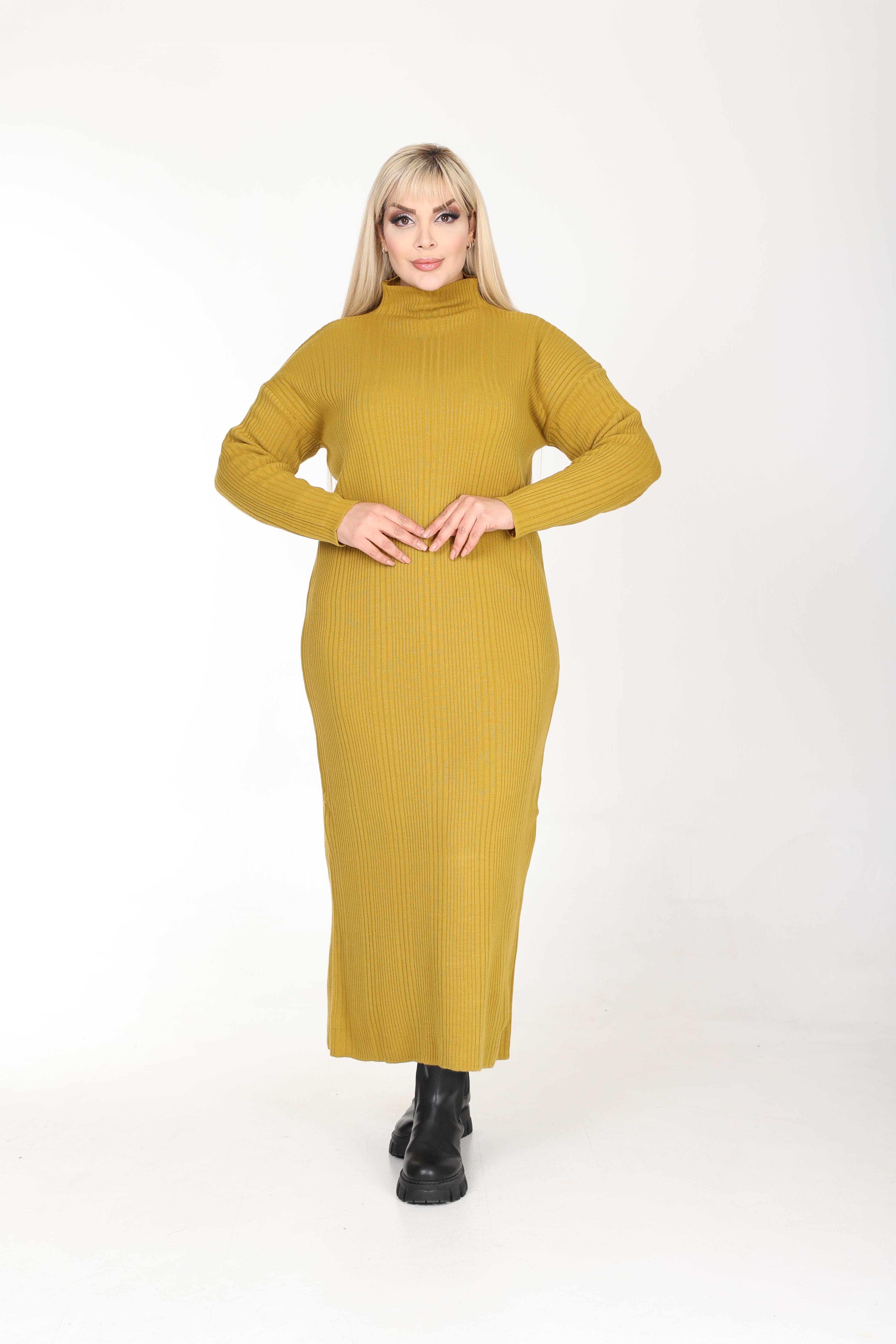 Yağ Yeşili Yarım Balıkçı Yaka Triko Örme Elbise