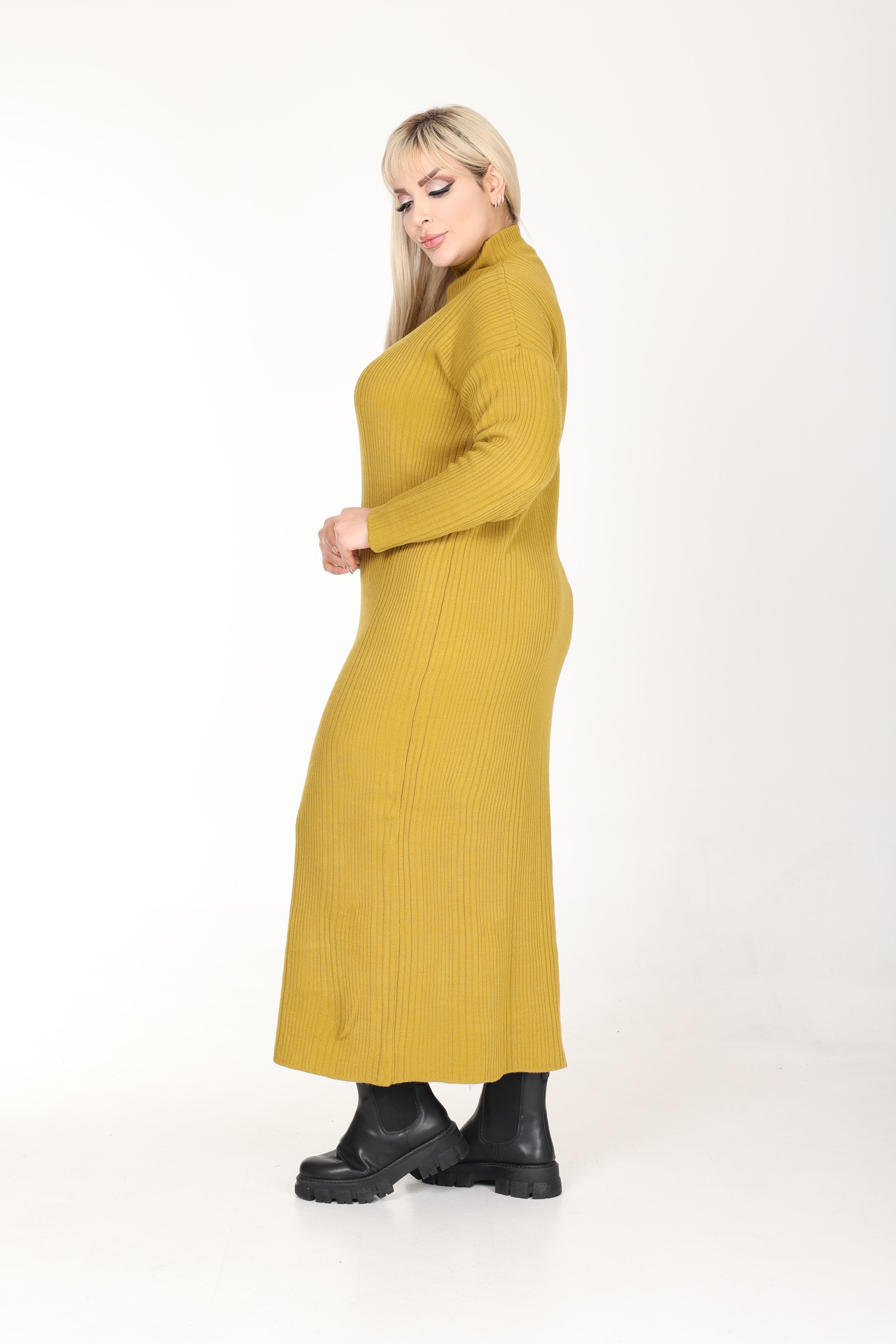 Yağ Yeşili Yarım Balıkçı Yaka Triko Örme Elbise