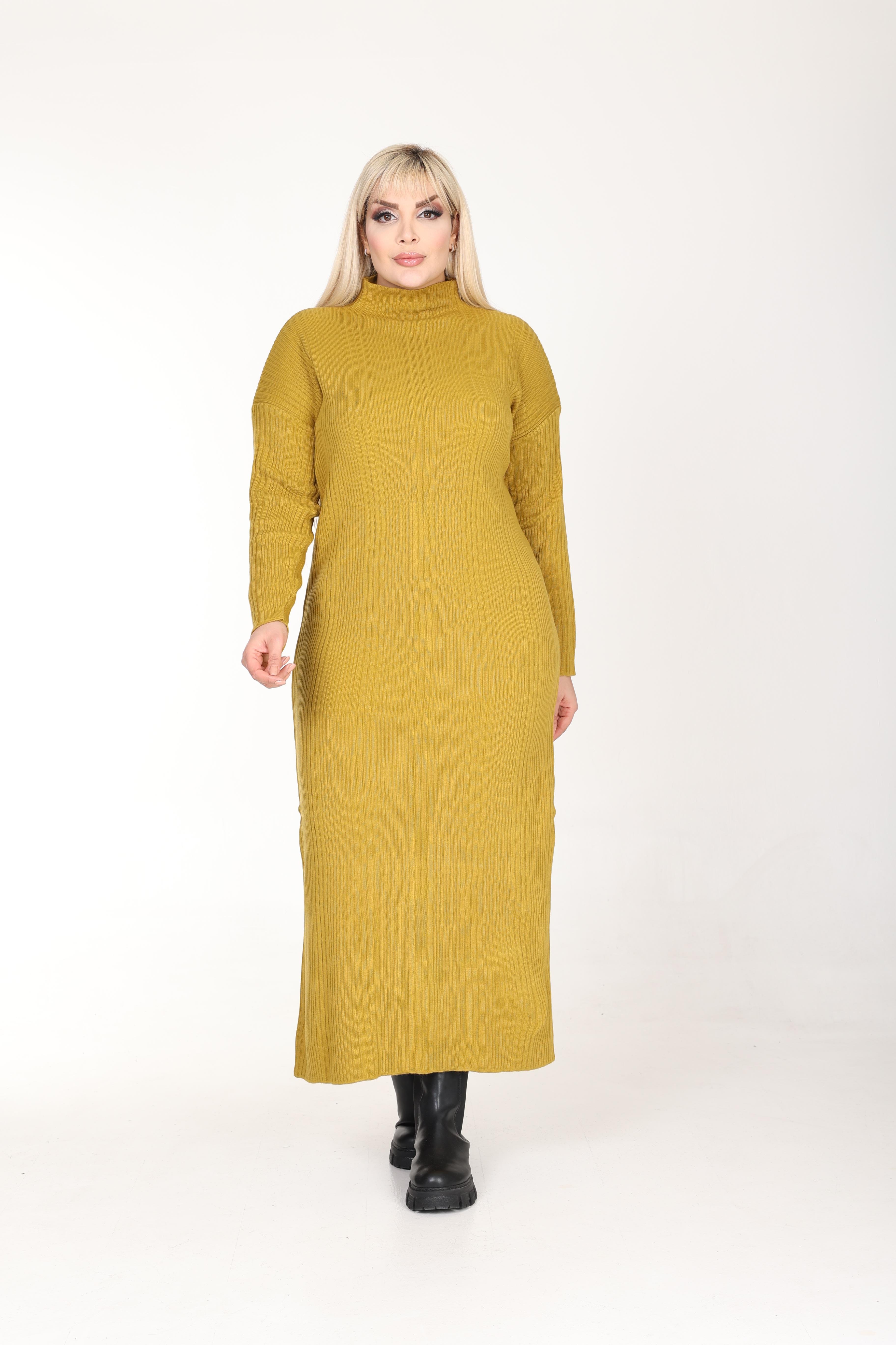 Yağ Yeşili Yarım Balıkçı Yaka Triko Örme Elbise