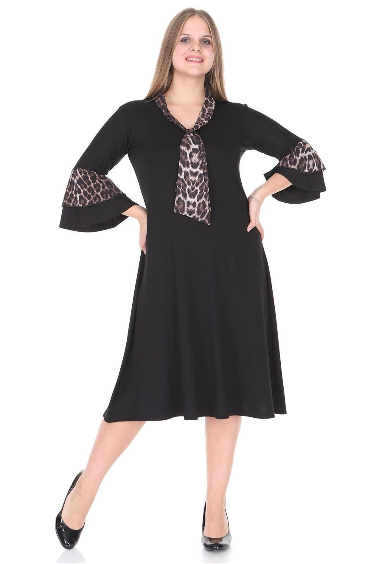 Yaka Detaylı Volan Kol Büyük Beden Elbise