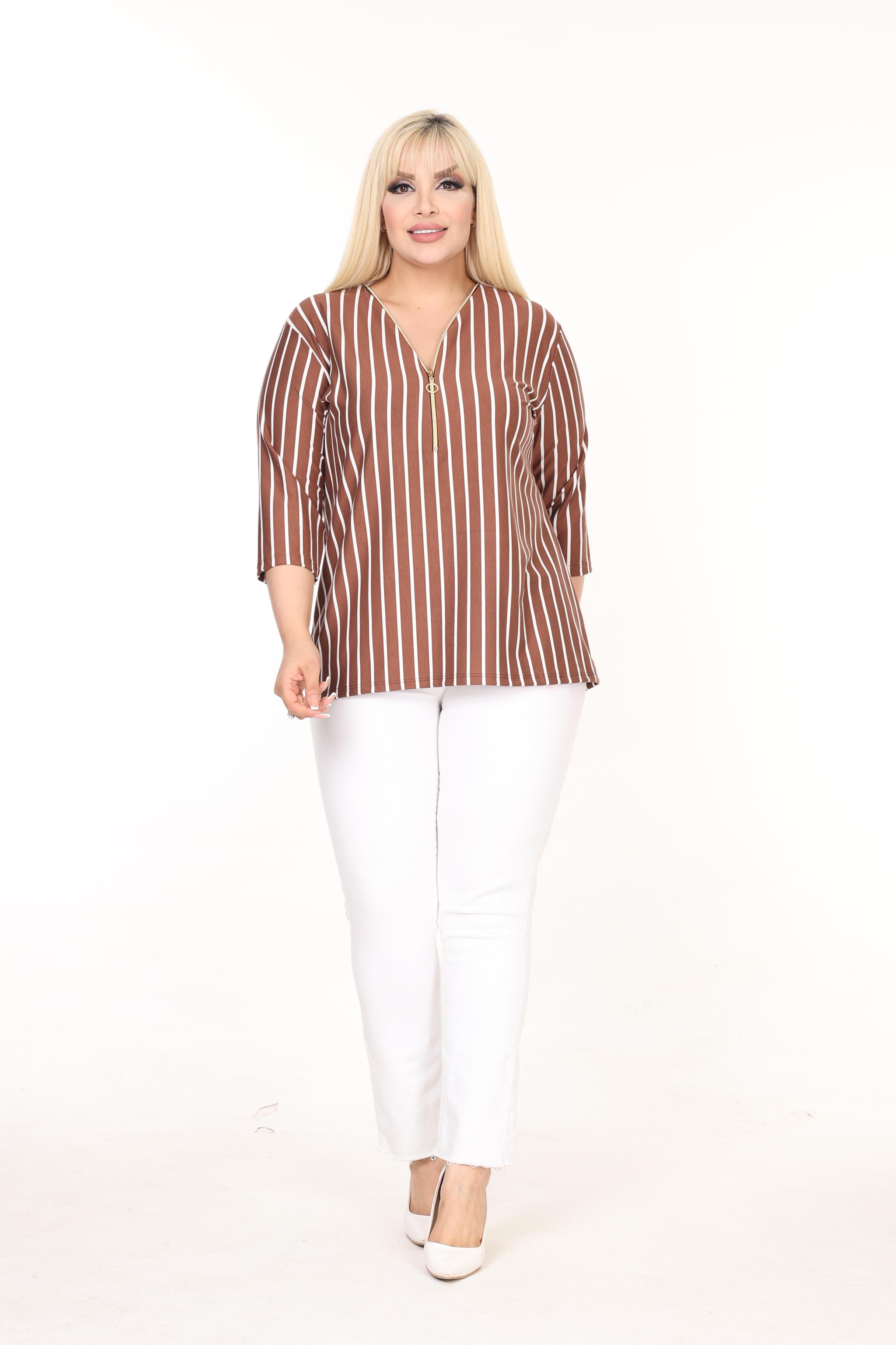 Yaka Fermuarlı Çizgili Fakir Kol Örme Bluz