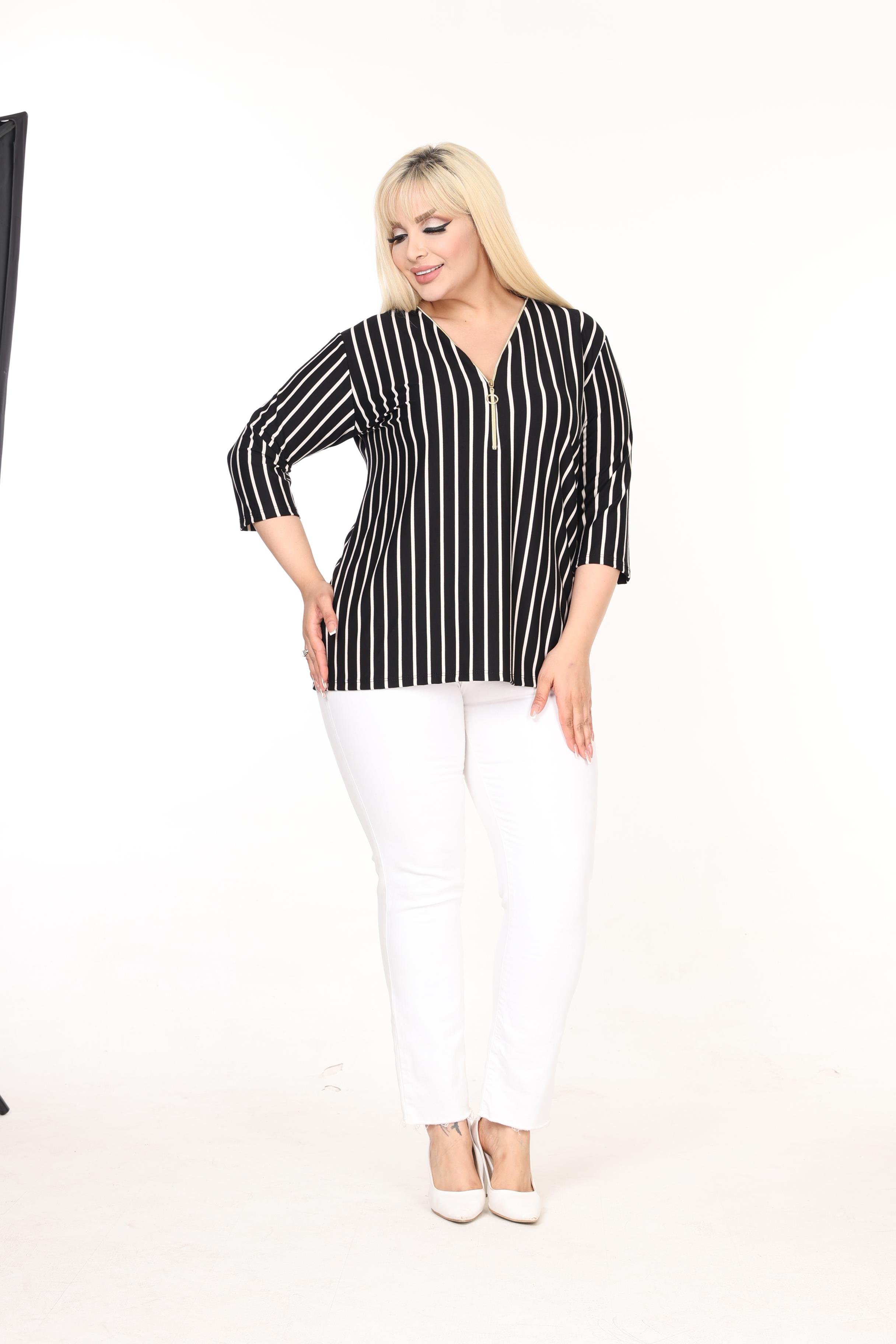 Yaka Fermuarlı Çizgili Fakir Kol Örme Bluz