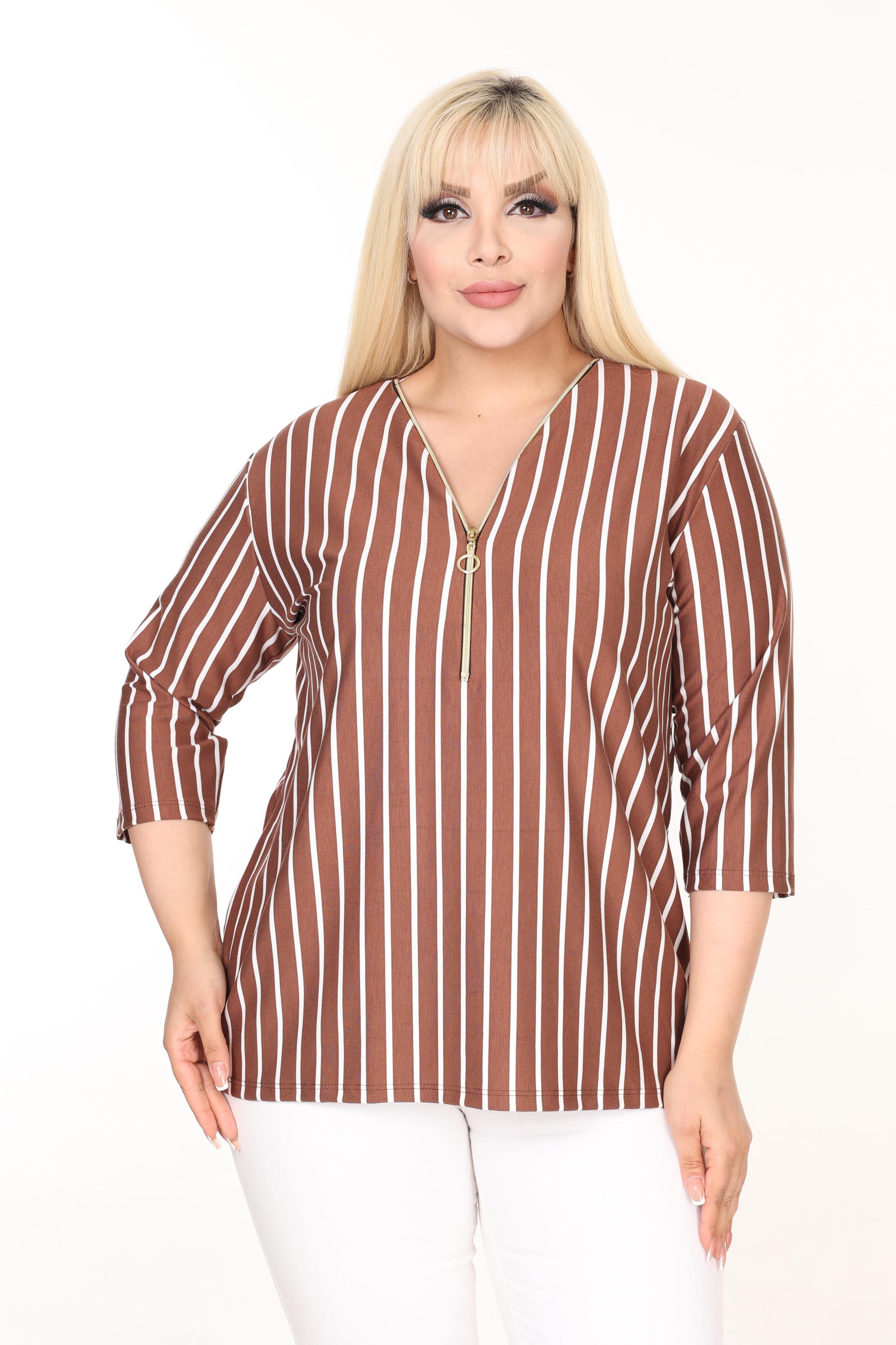 Yaka Fermuarlı Çizgili Fakir Kol Örme Bluz