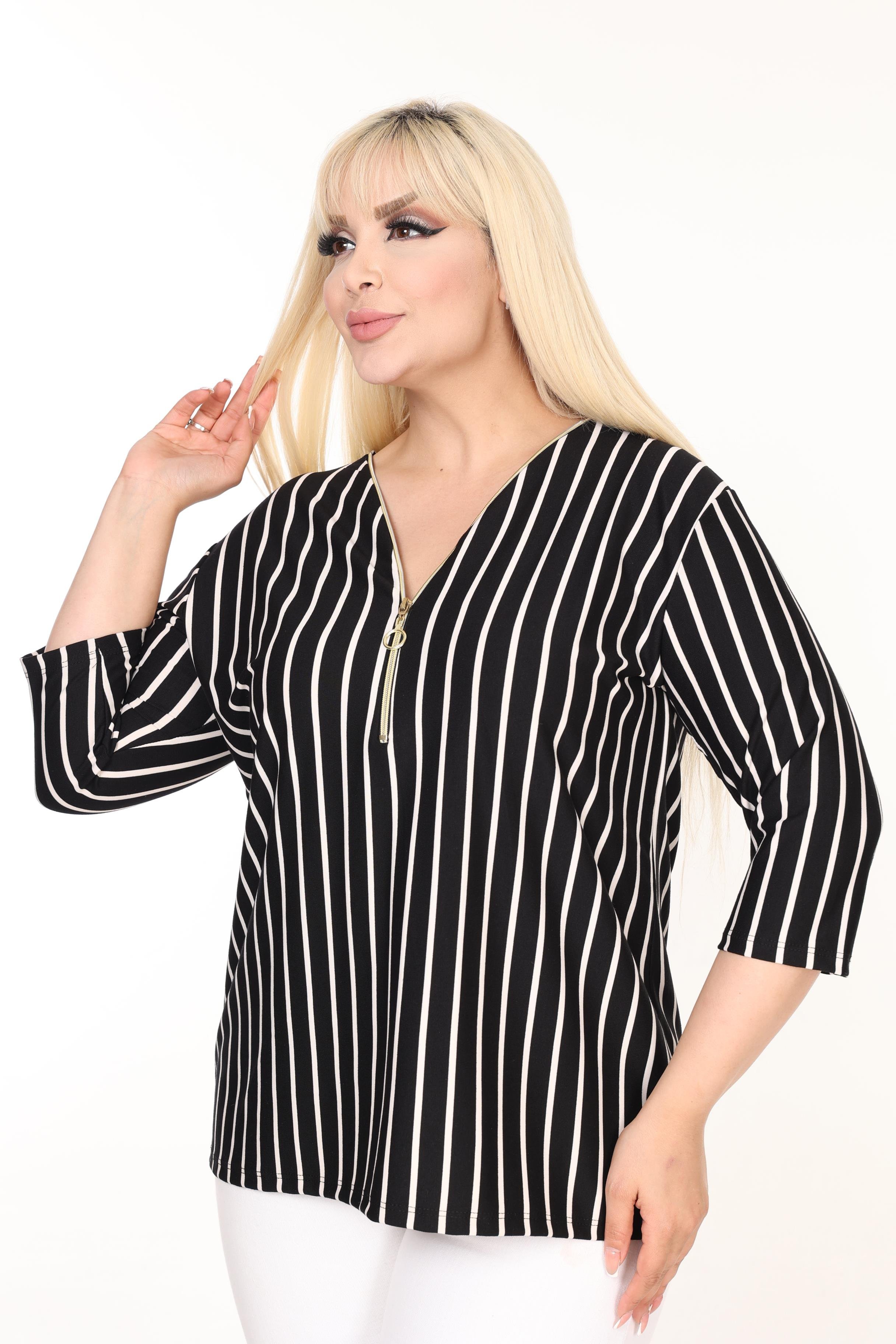 Yaka Fermuarlı Çizgili Fakir Kol Örme Bluz