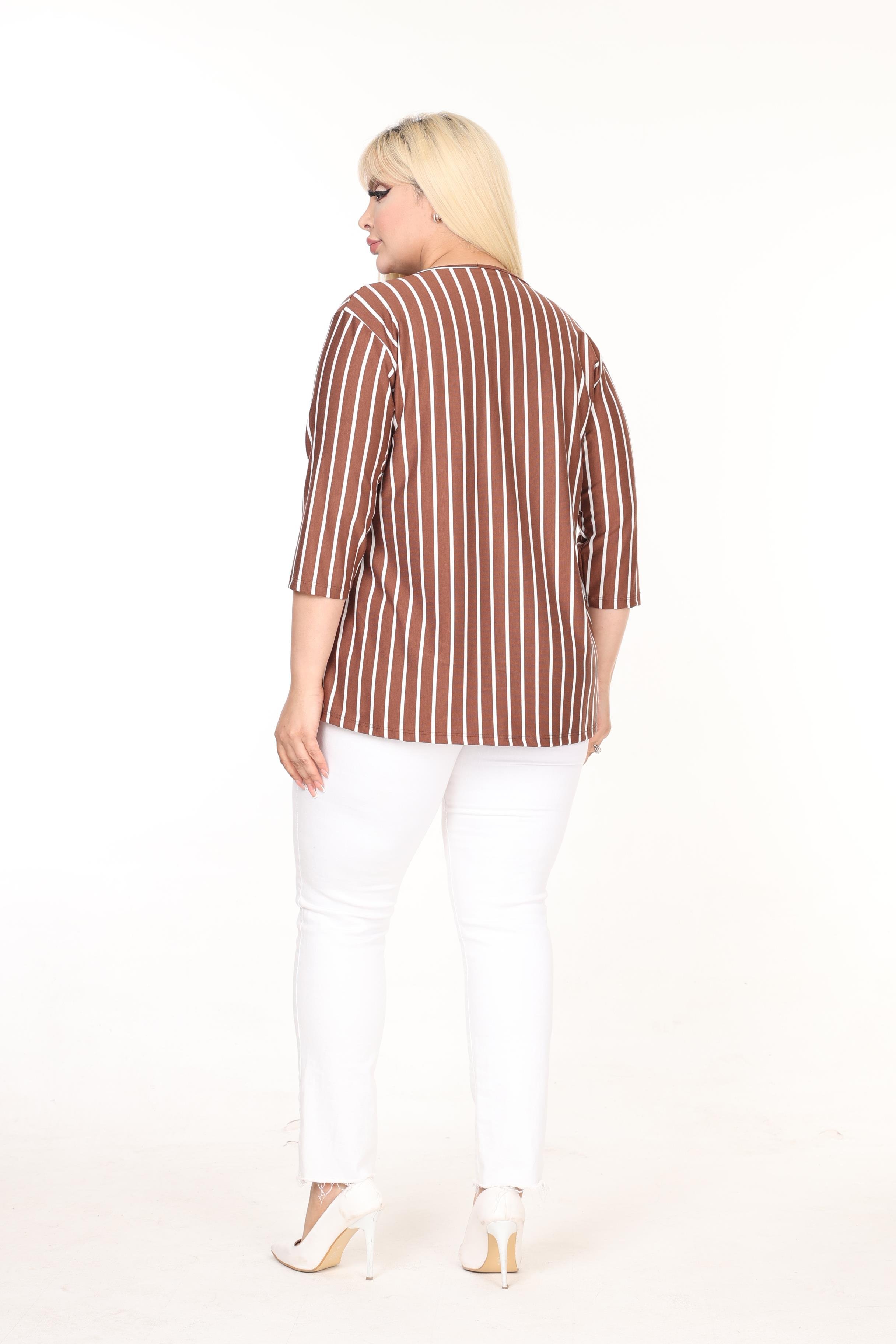 Yaka Fermuarlı Çizgili Fakir Kol Örme Bluz