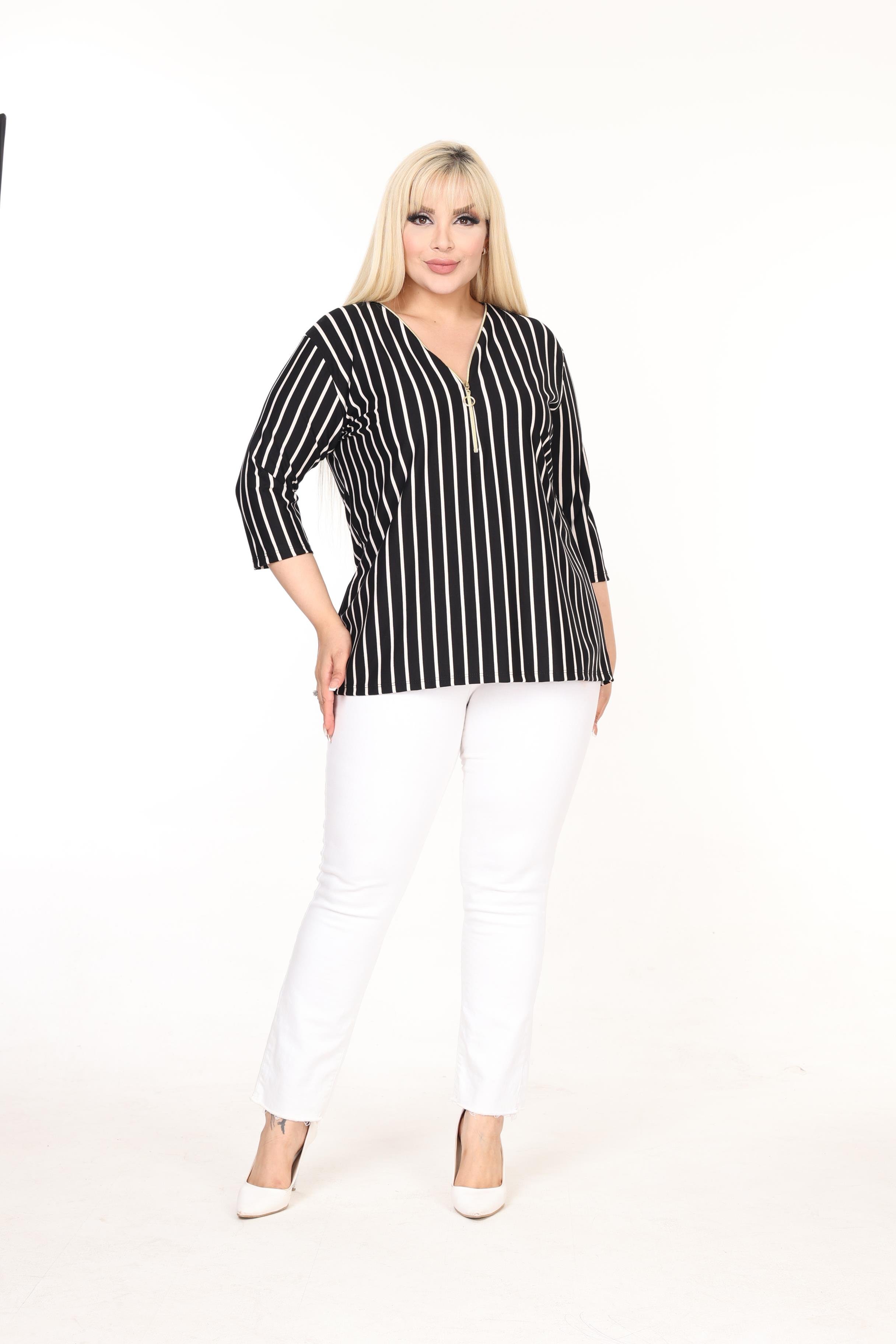 Yaka Fermuarlı Çizgili Fakir Kol Örme Bluz