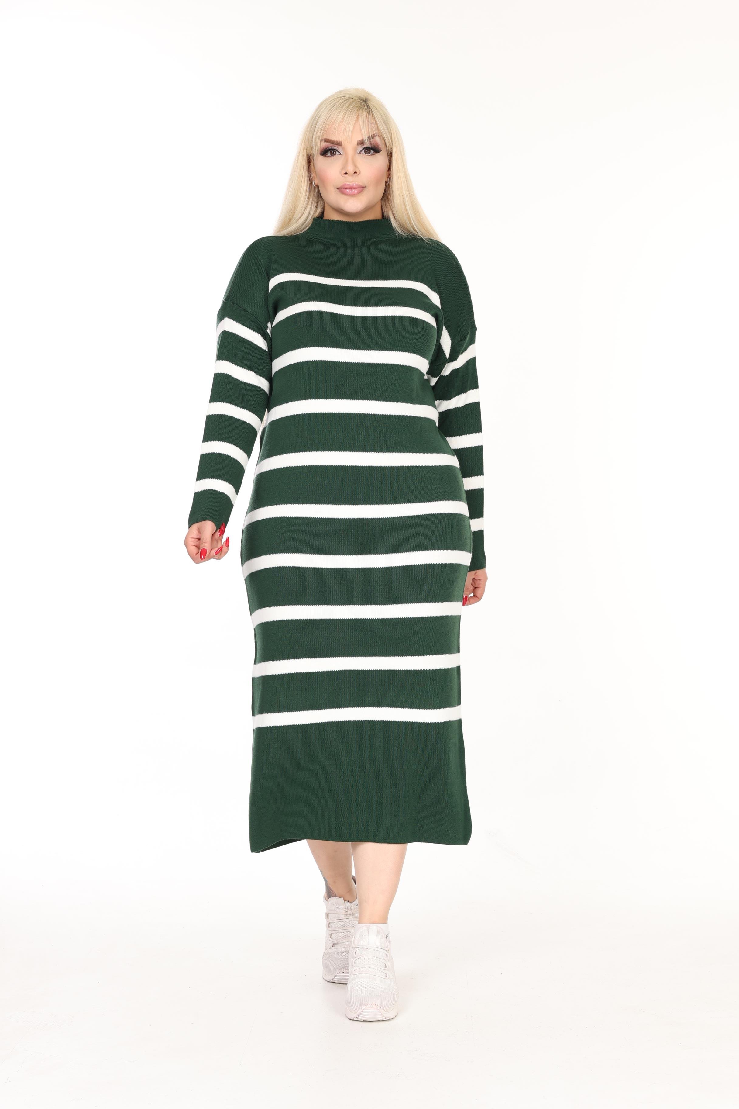 Yarım Balıkçı Yaka Çizgili Rahat Kalıp Triko Elbise