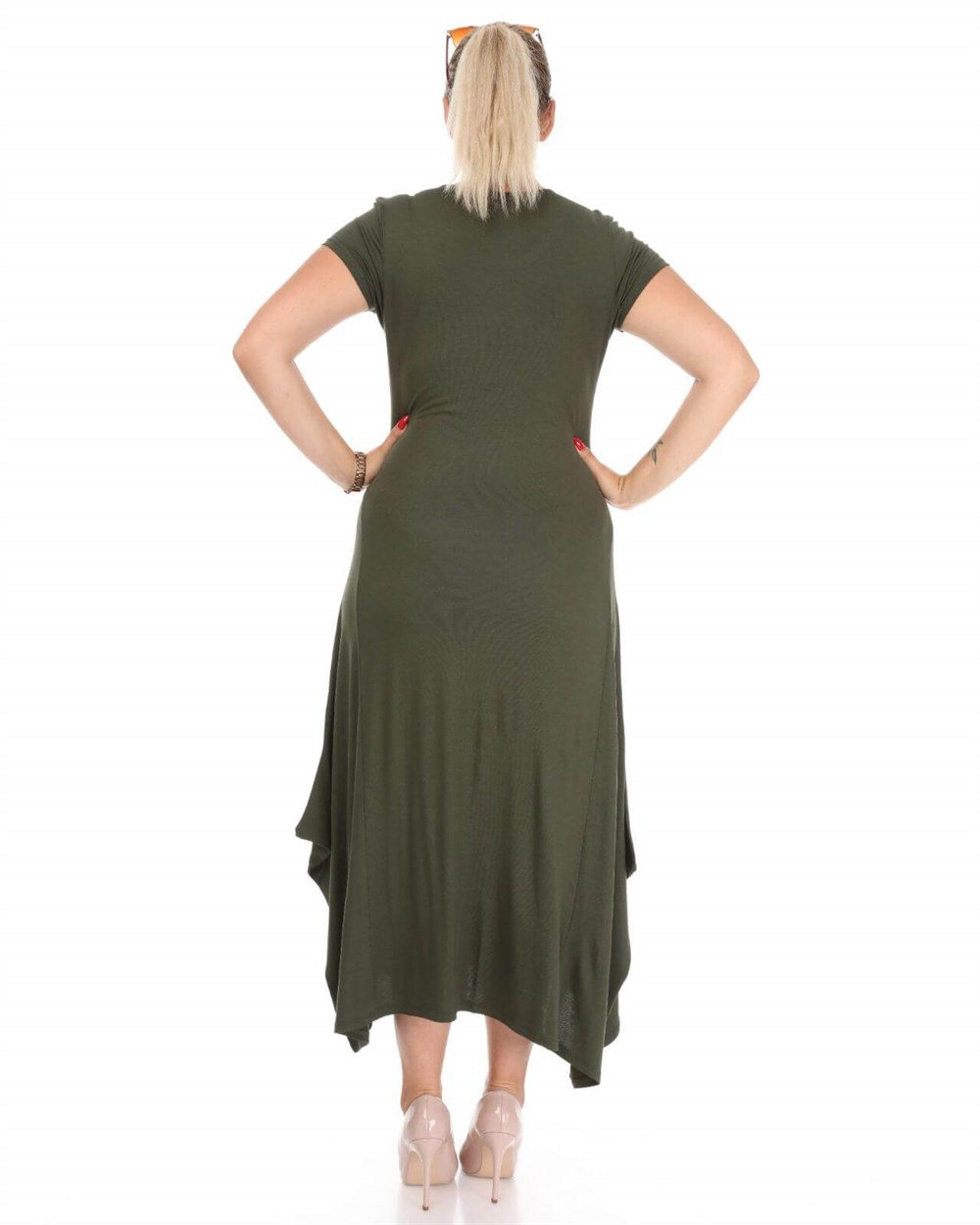 Yeşil etnik desen detaylı viskon büyük beden elbise