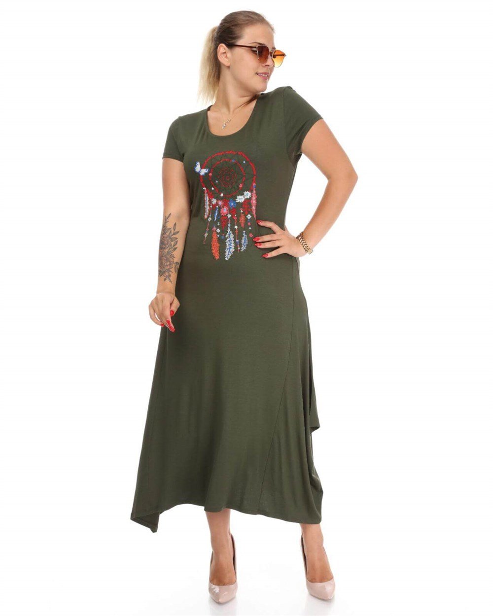 Yeşil etnik desen detaylı viskon büyük beden elbise