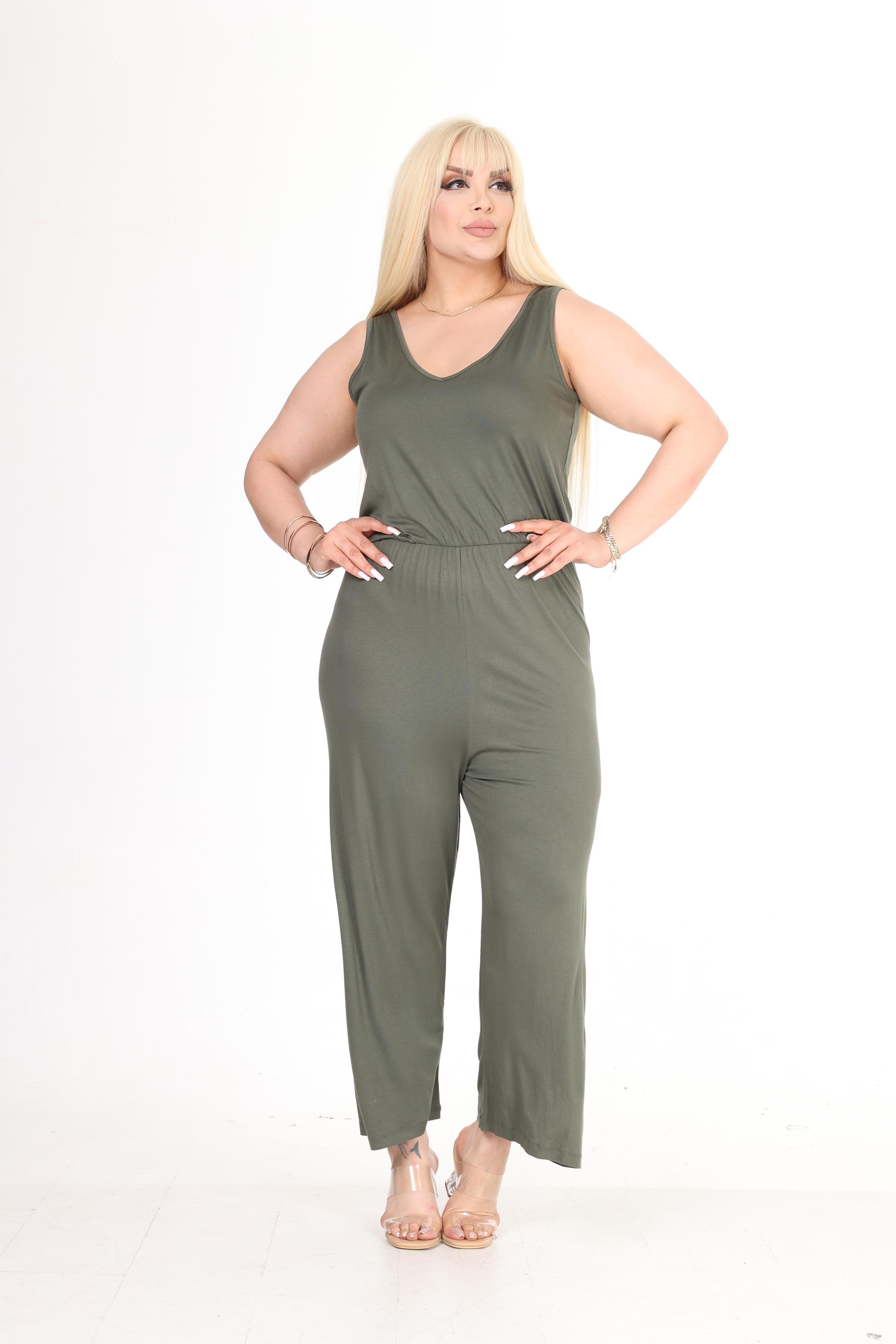 Yeşil V Yaka Bilek Boy Viskon Örme Tulum