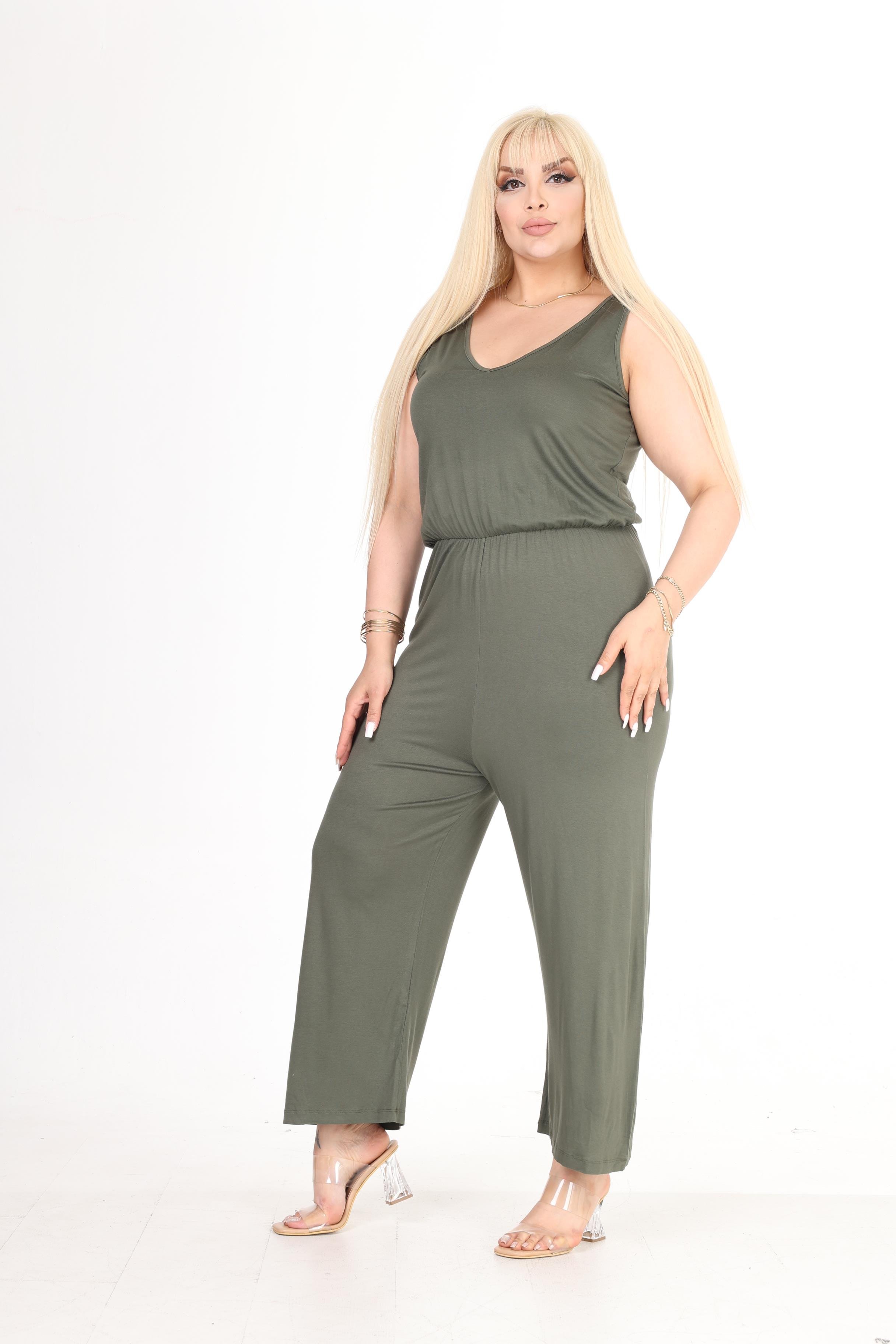 Yeşil V Yaka Bilek Boy Viskon Örme Tulum