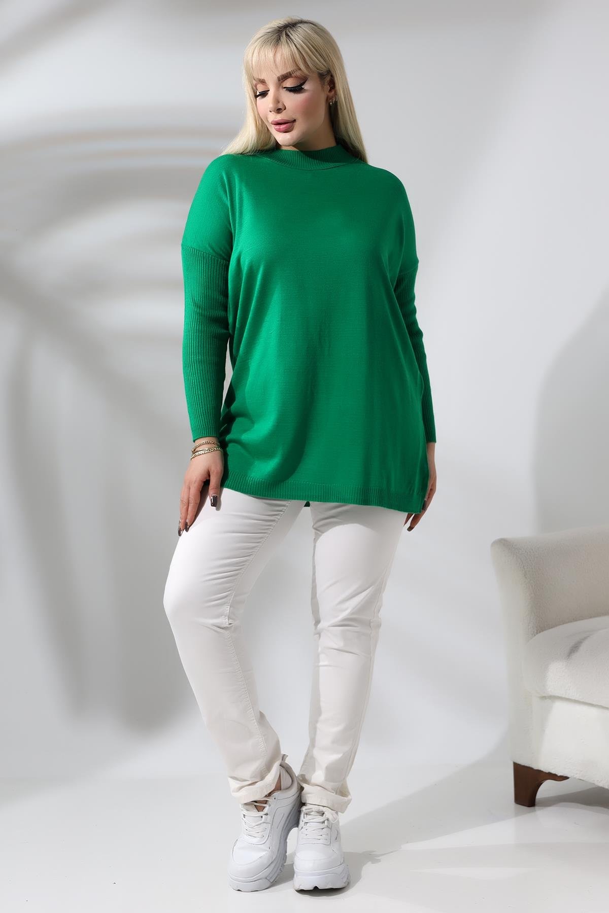 Yeşil Yarım Balıkçı Yaka İnce Triko Büyük Beden Kazak