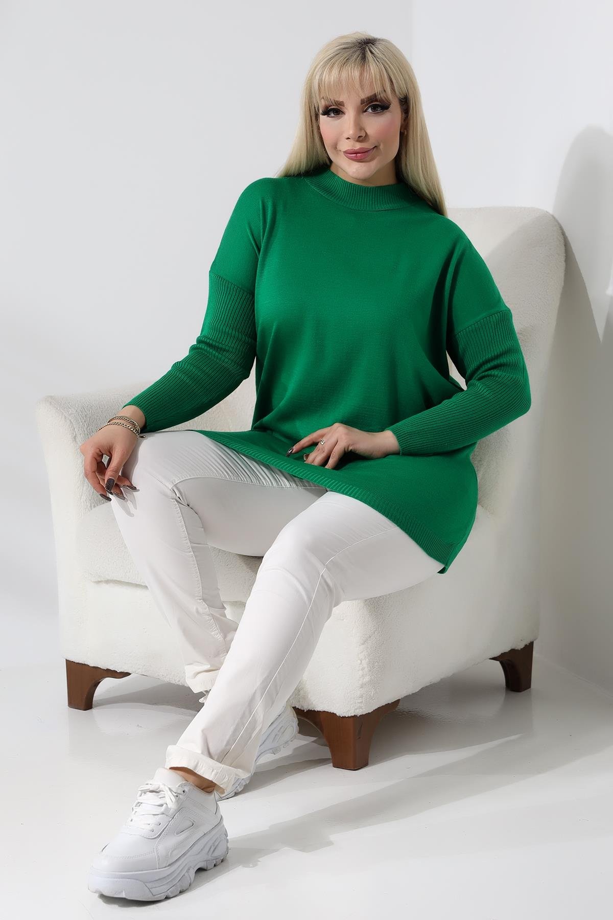 Yeşil Yarım Balıkçı Yaka İnce Triko Büyük Beden Kazak