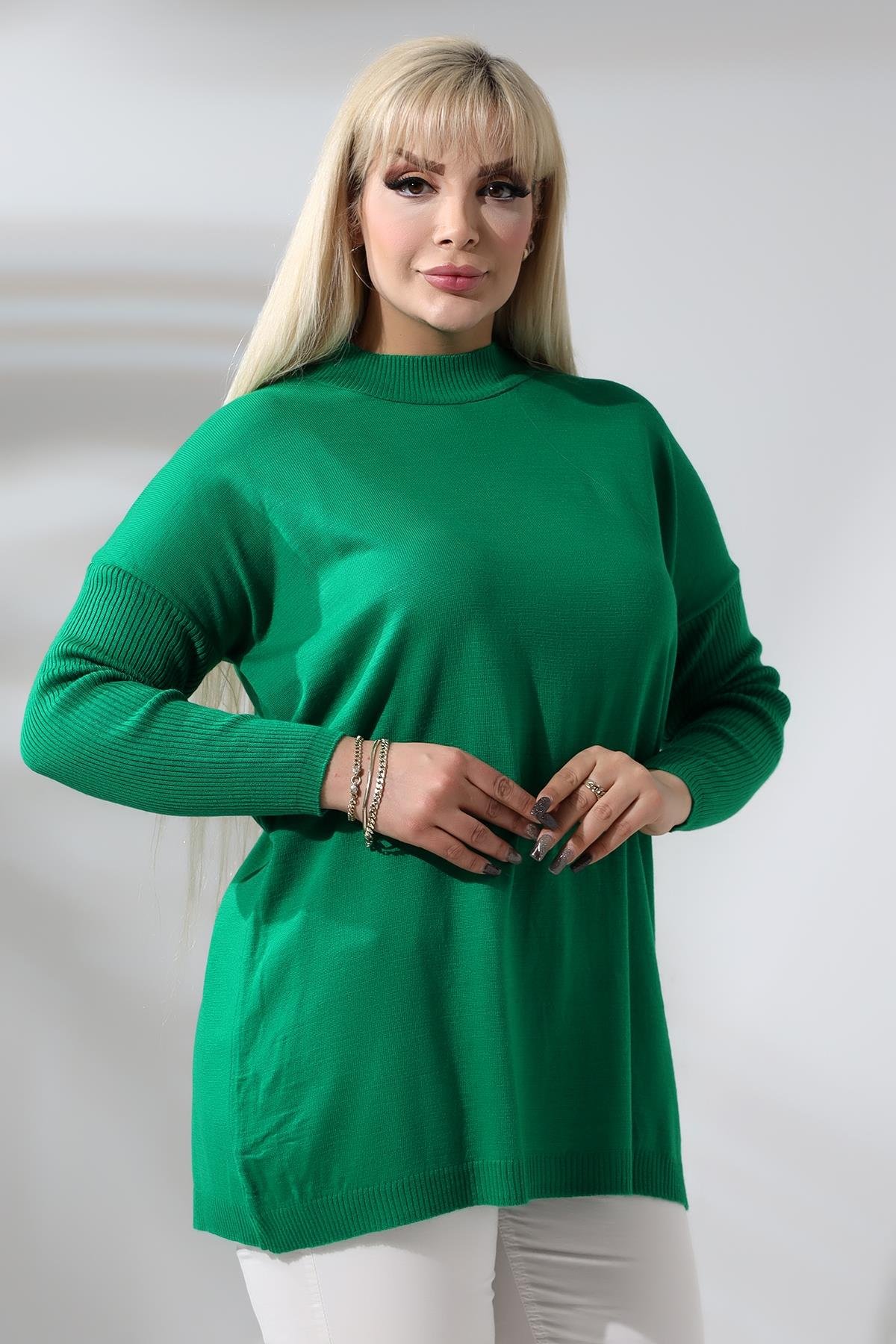 Yeşil Yarım Balıkçı Yaka İnce Triko Büyük Beden Kazak