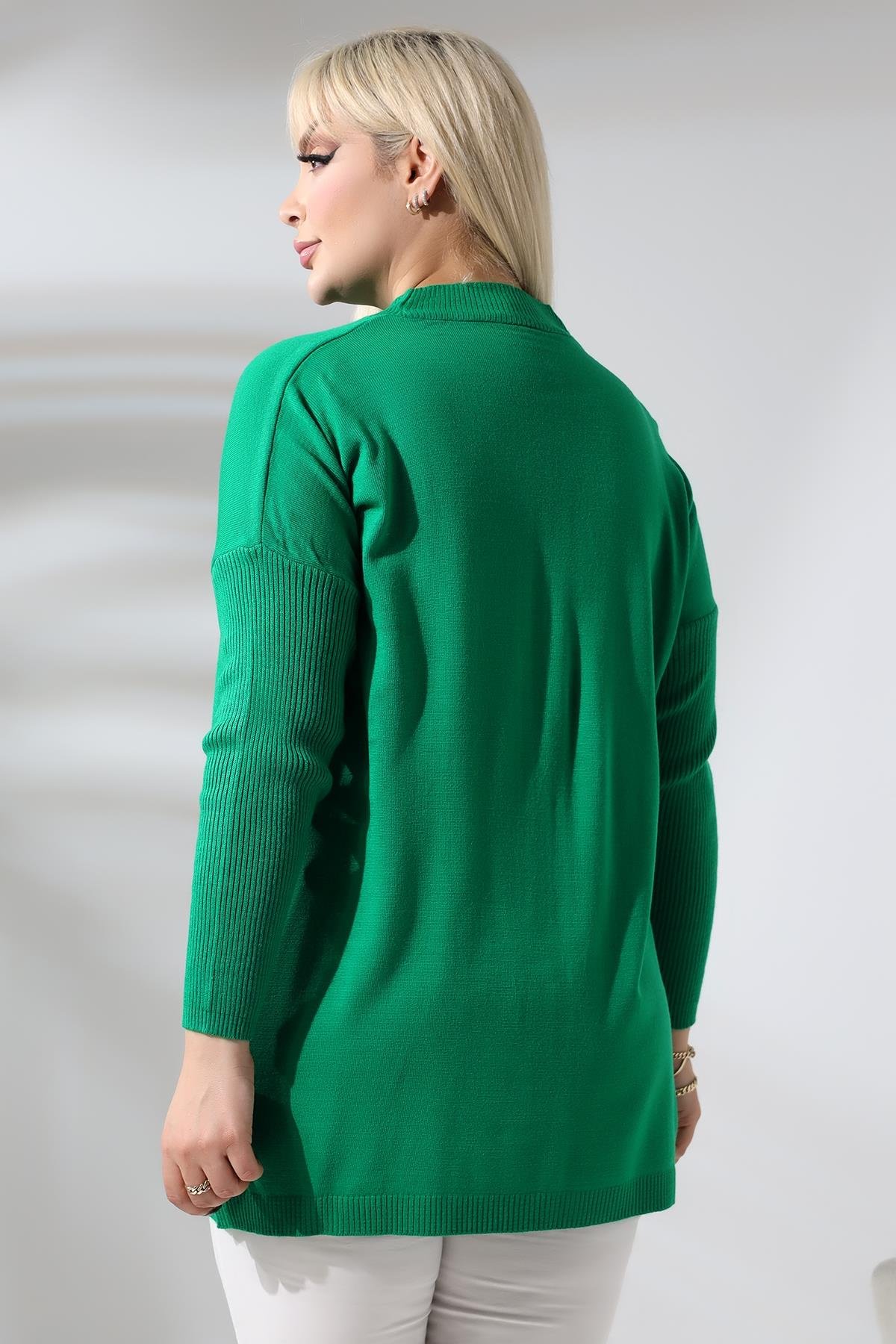 Yeşil Yarım Balıkçı Yaka İnce Triko Büyük Beden Kazak