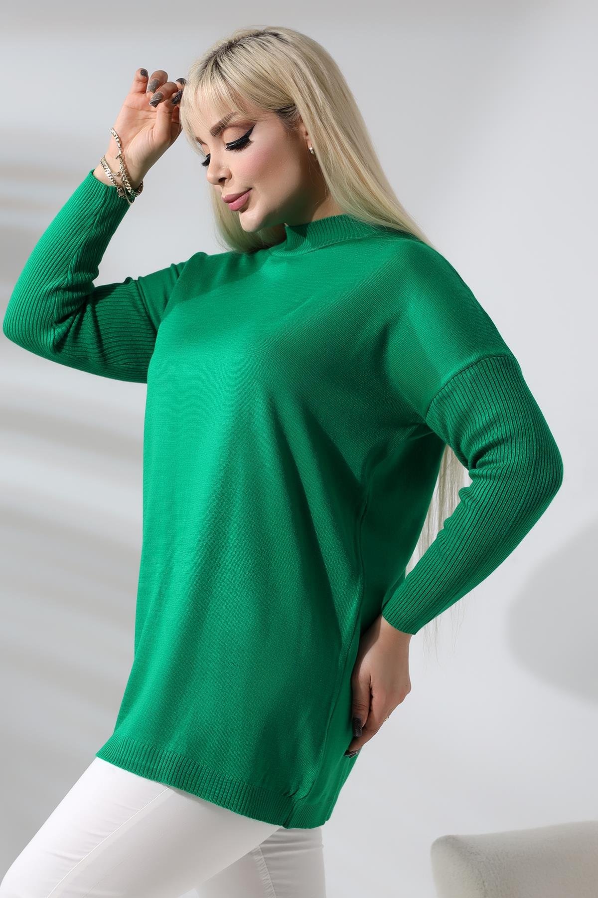 Yeşil Yarım Balıkçı Yaka İnce Triko Büyük Beden Kazak