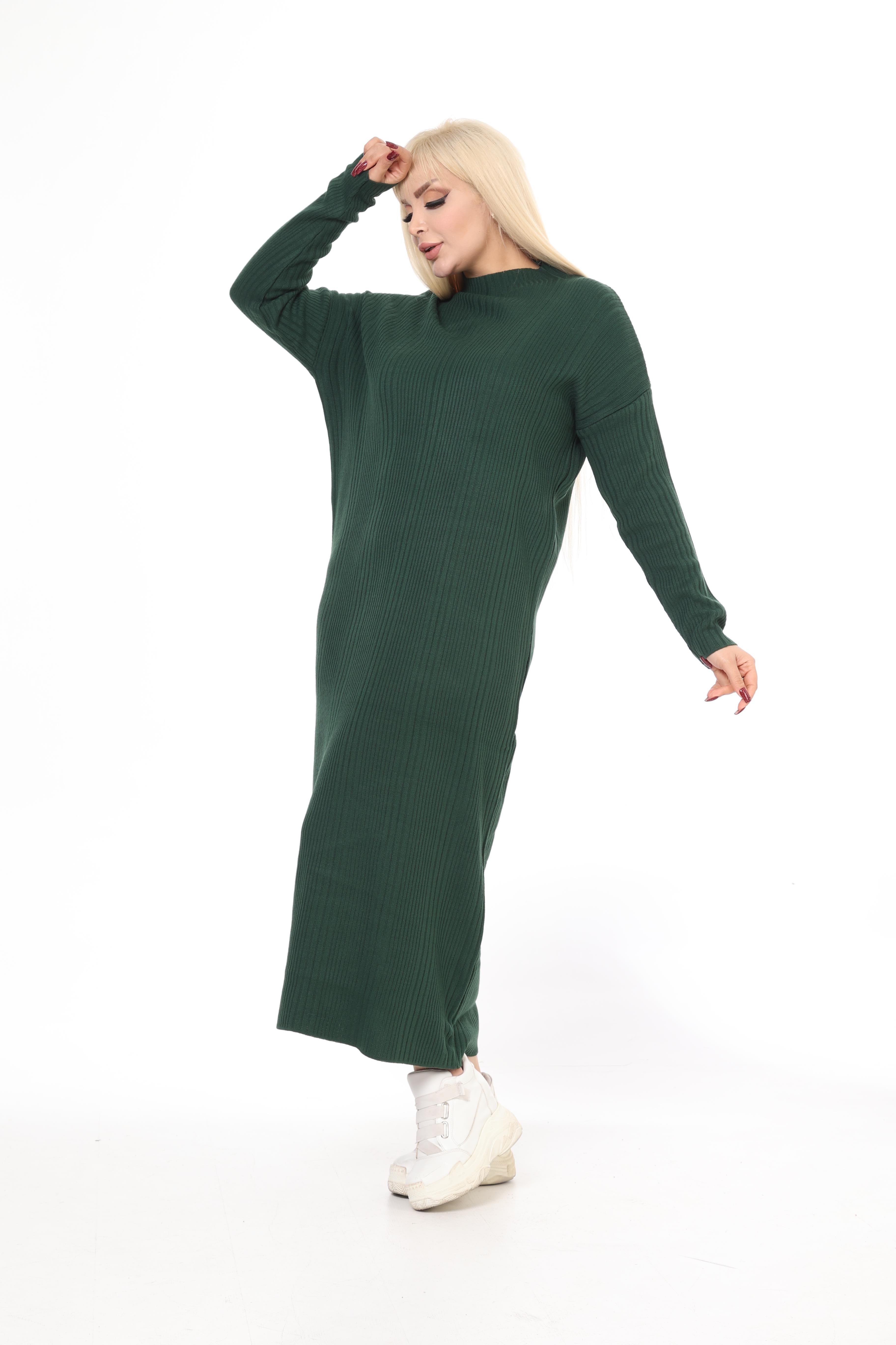 Yeşil Yarım Balıkçı Yaka Triko Örme Elbise