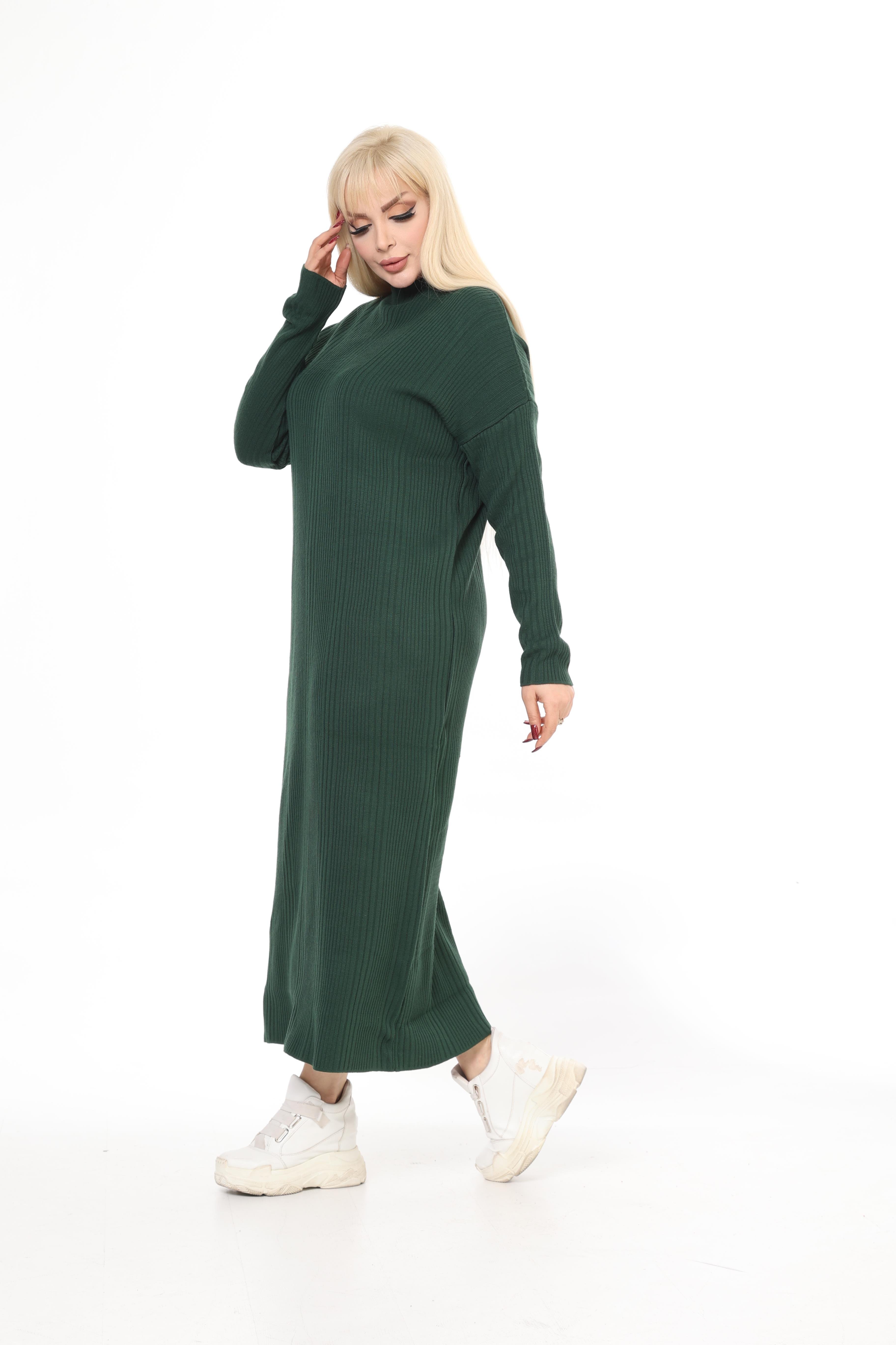 Yeşil Yarım Balıkçı Yaka Triko Örme Elbise