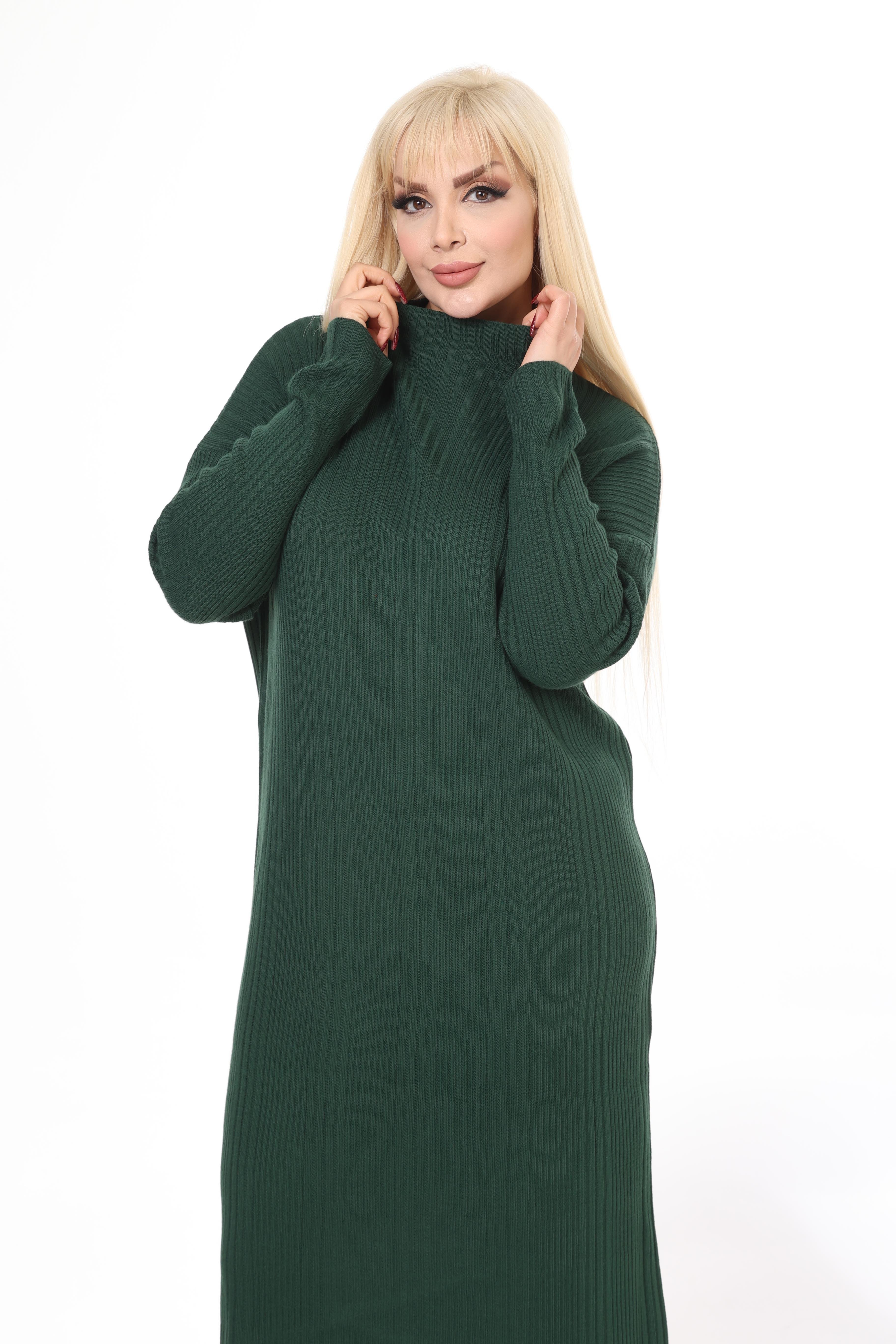 Yeşil Yarım Balıkçı Yaka Triko Örme Elbise