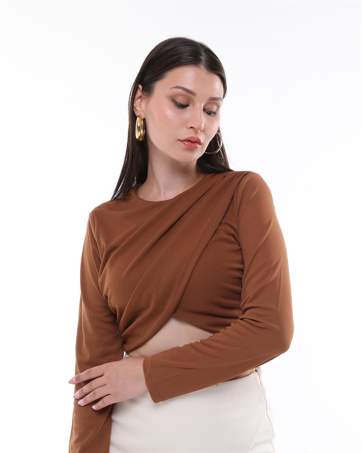 Zara Model Uzun Kollu Drapeli Crop Bluz