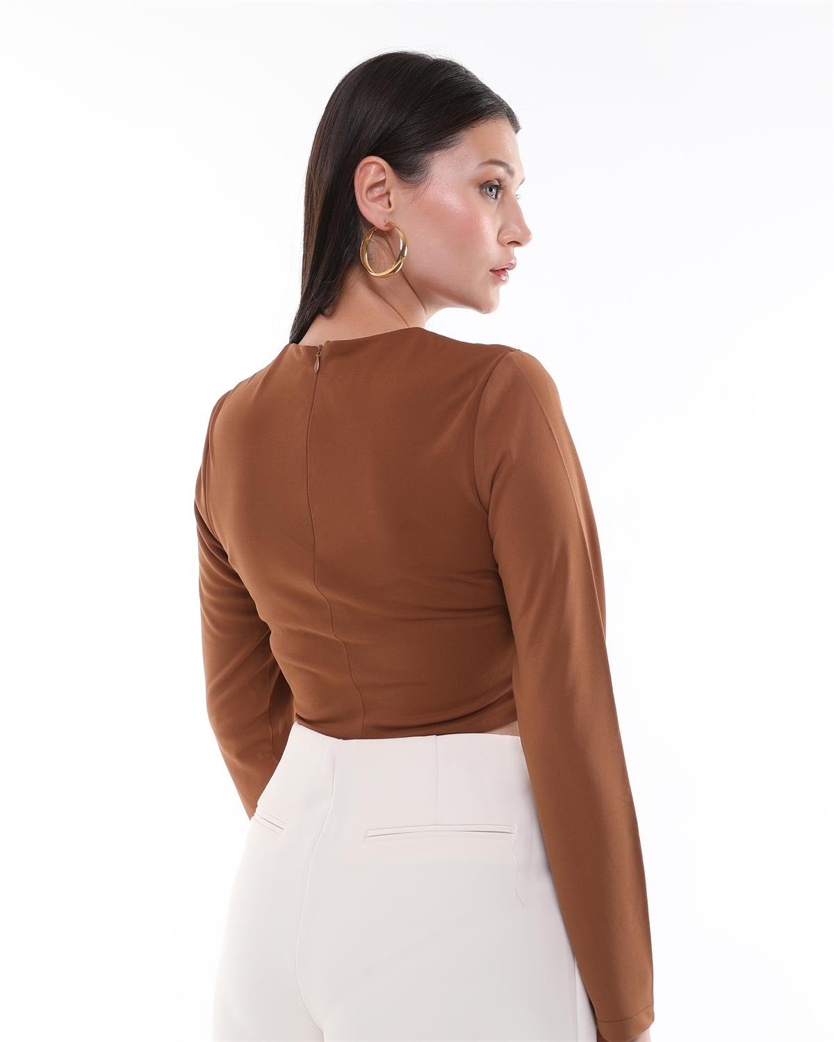 Zara Model Uzun Kollu Drapeli Crop Bluz
