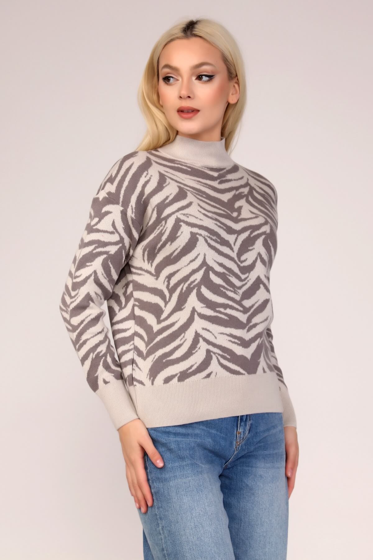 Zebra Desen Dik Yaka Triko Kazak 