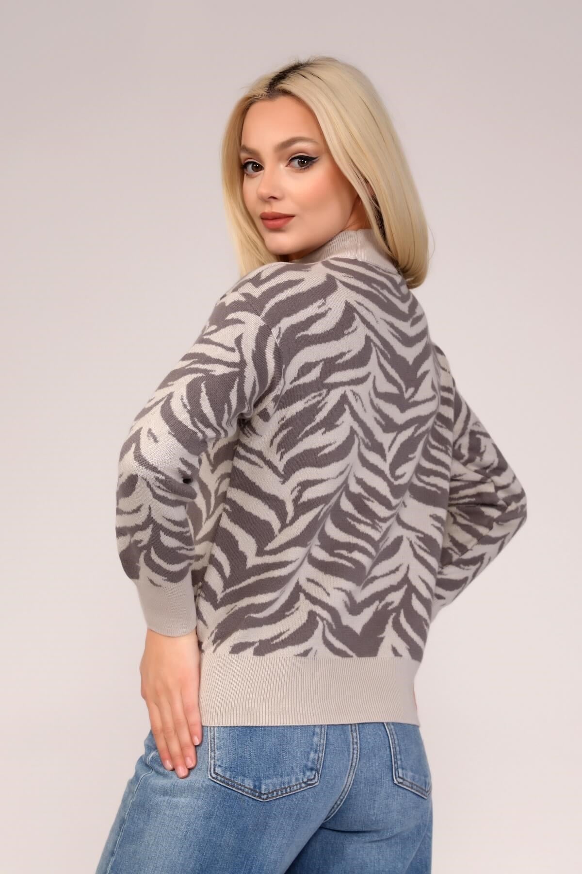 Zebra Desen Dik Yaka Triko Kazak 