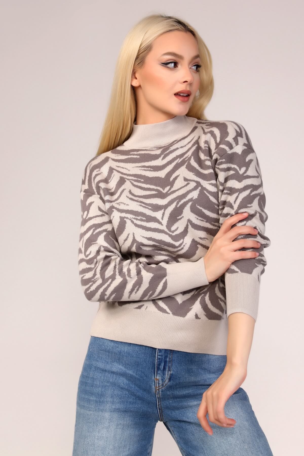 Zebra Desen Dik Yaka Triko Kazak 