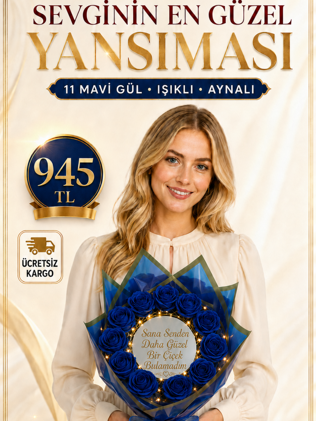 11 .Mavi Gül Işıklı Aynalı Buket – Sana Senden Daha Güzel Bir Çiçek Bulamadım Aynalı Buketler