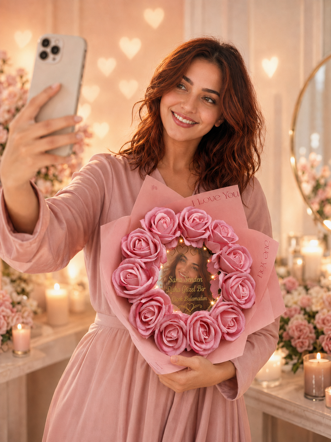 11 .Pembe Gül Işıklı Aynalı Buket – Sana Senden Daha Güzel Bir Çiçek Bulamadım Aynalı Buketler
