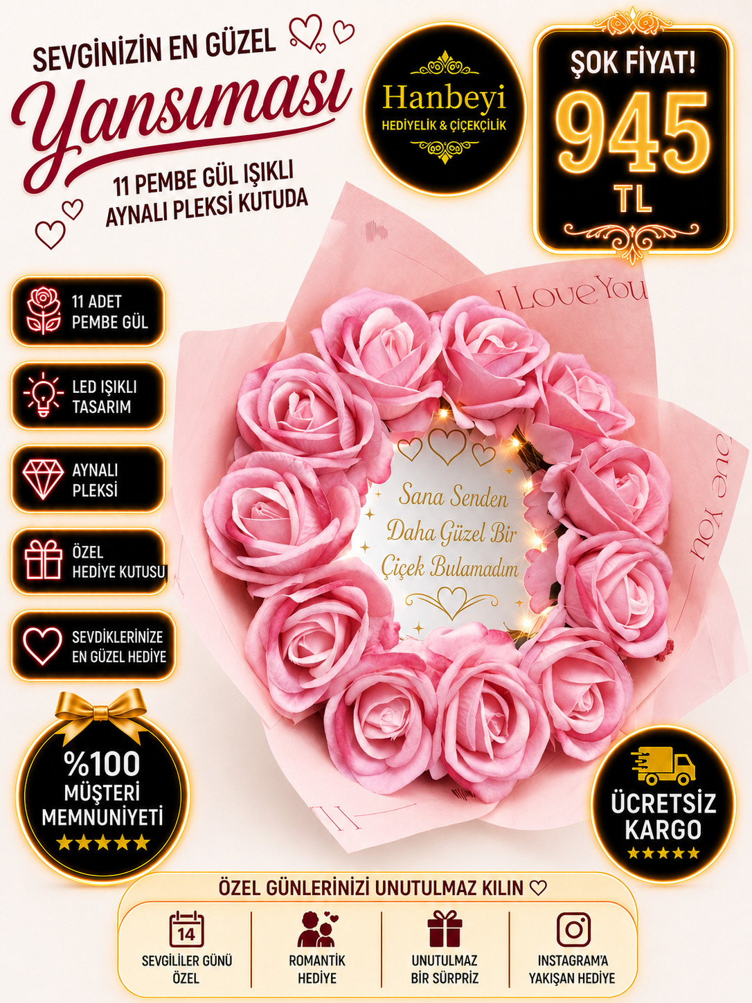 11 .Pembe Gül Işıklı Aynalı Buket – Sana Senden Daha Güzel Bir Çiçek Bulamadım Aynalı Buketler