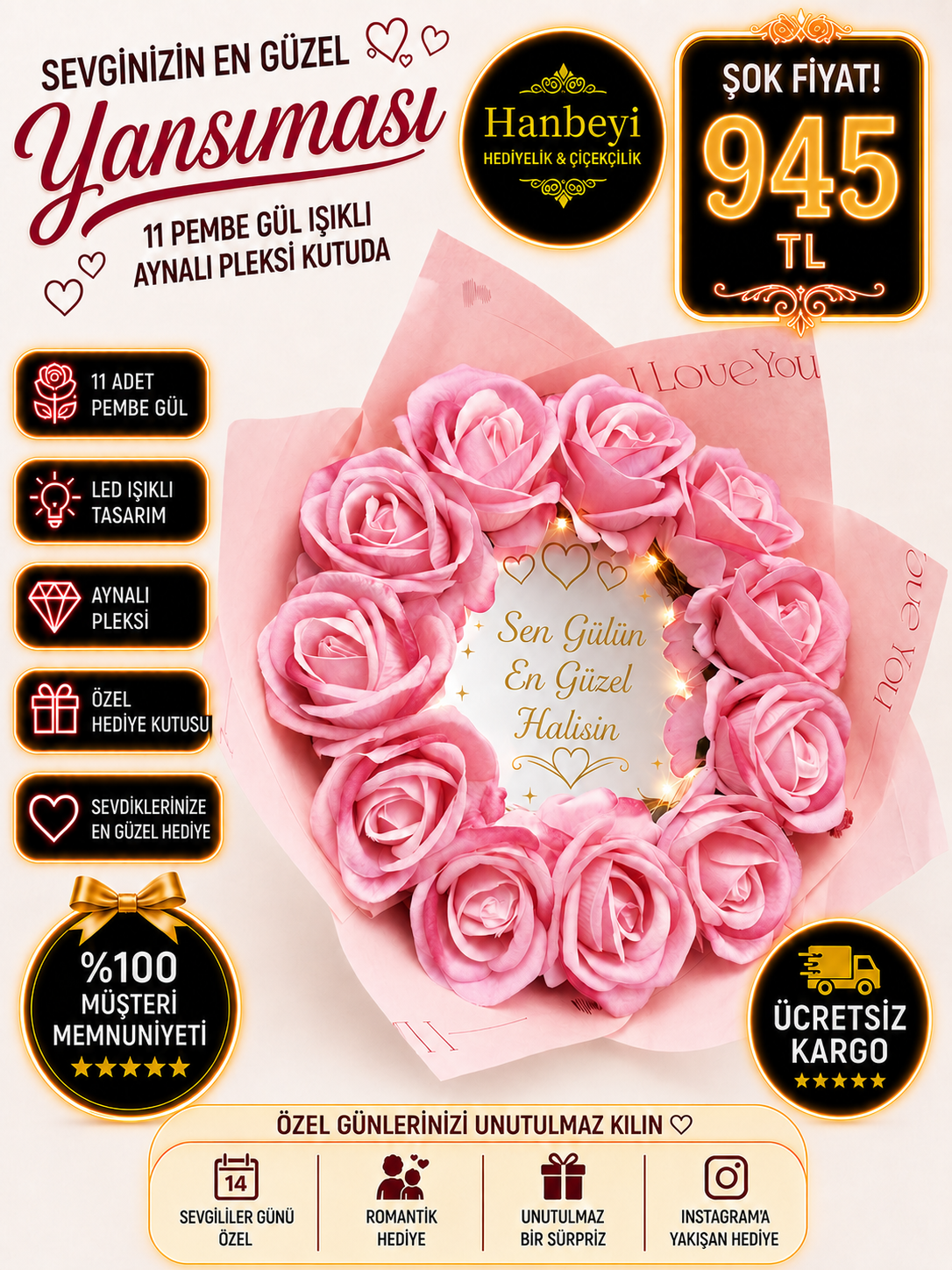 11 Pembe Gül Işıklı Aynalı Buket – Sen Gülün En Güzel Halisin Aynalı Buketler