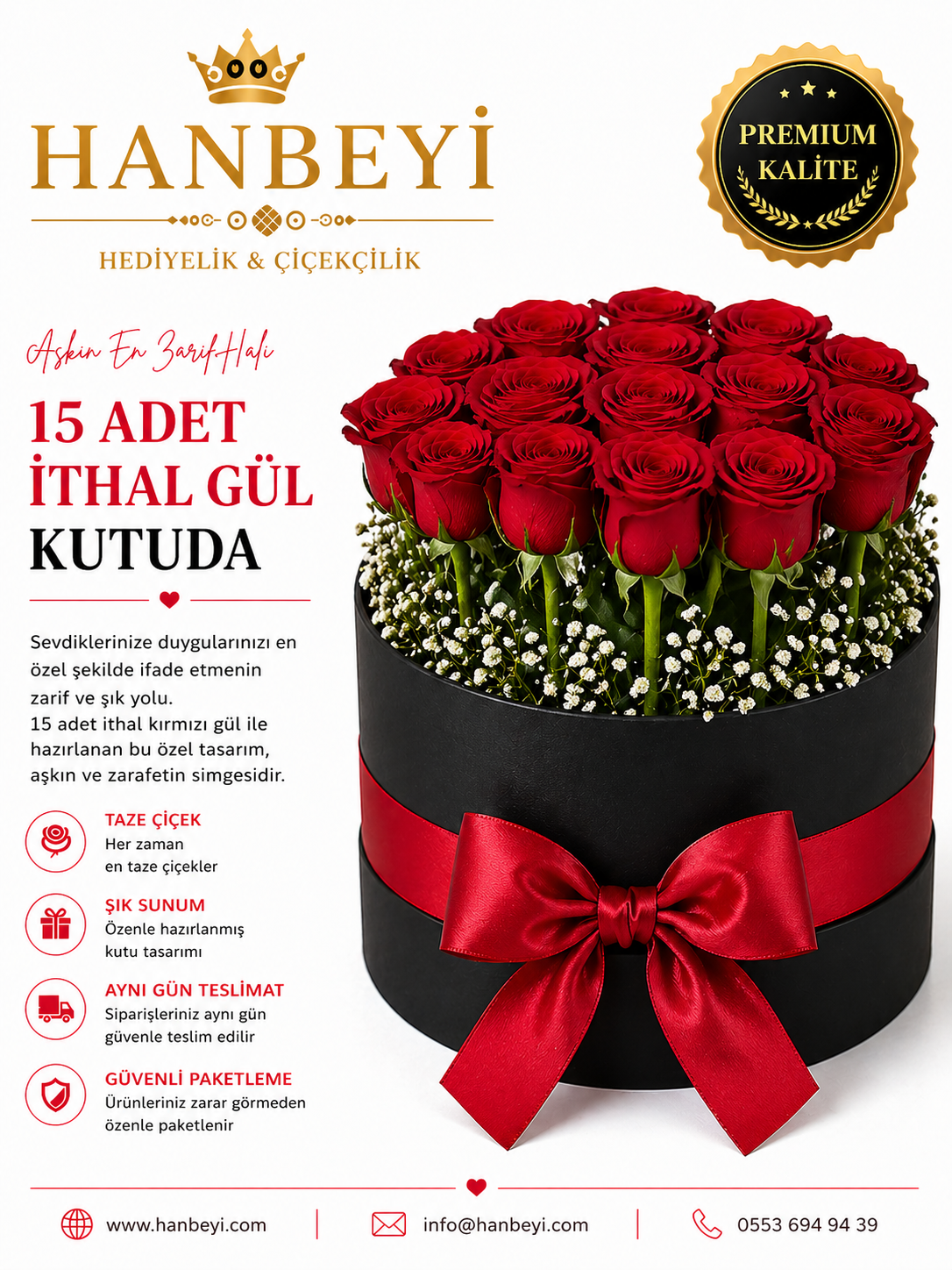 15 Adet İthal Gül Siyah Kutuda | Premium Luxury Collection Avcılar Çiçekçi