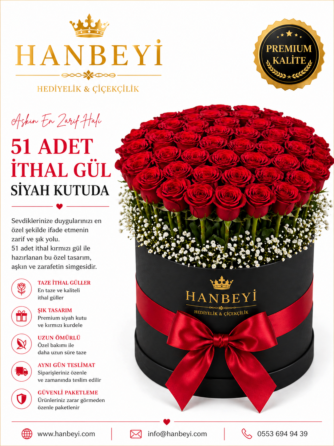 51 Adet İthal Gül Siyah Kutuda | Premium Luxury Collection Avcılar Çiçekçi