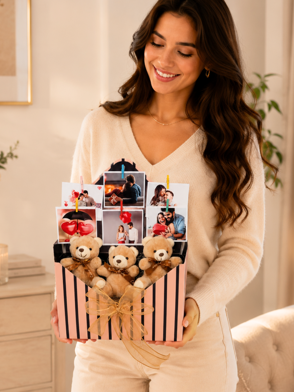 6 Adet Kişiye Özel Fotoğraf Baskılı 3'lü Ayıcıklı Hediye Kutusu – Kahverengi Ayıcıklı Buketler