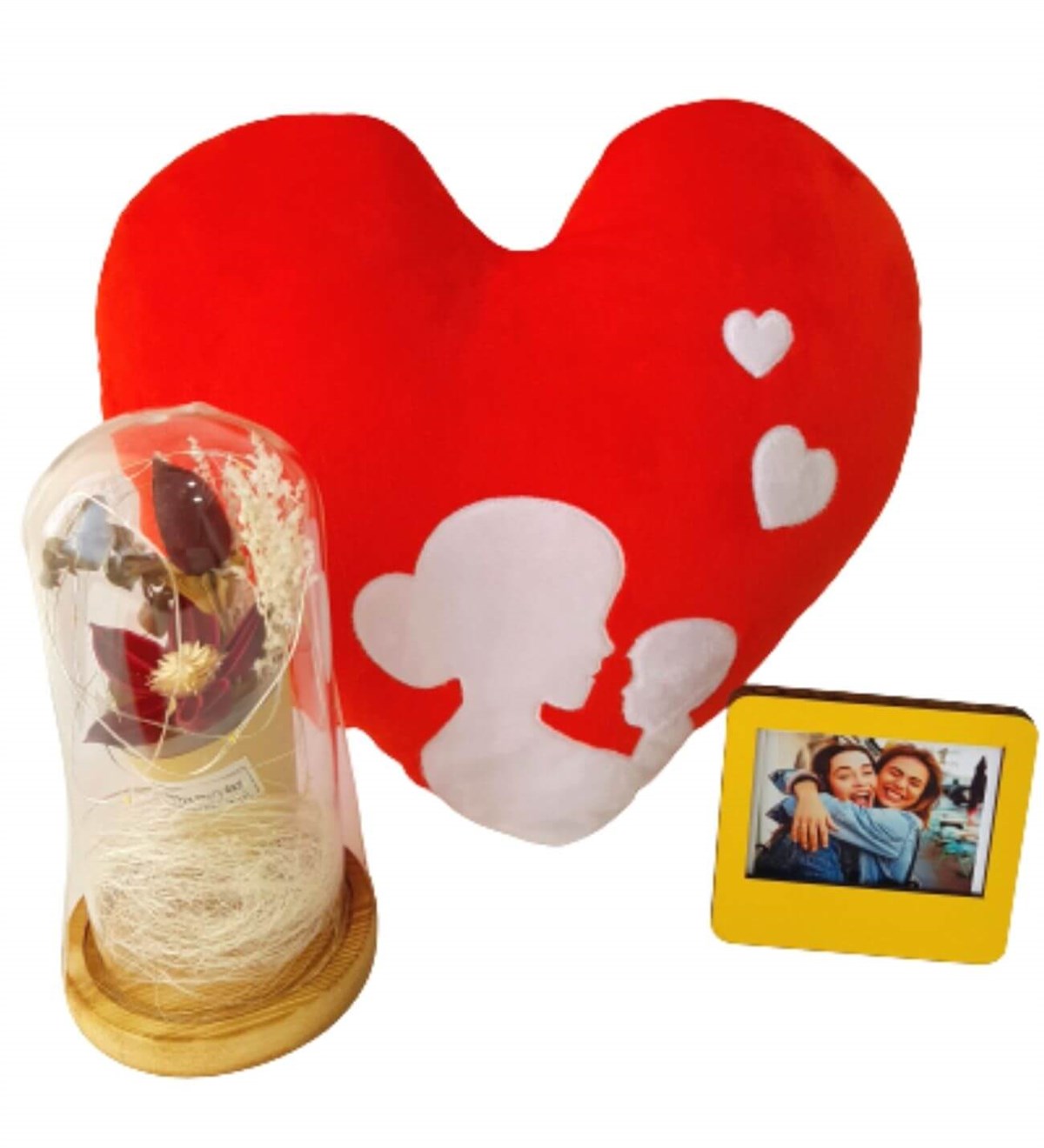 Kişiye Özel Fotoğraflı Anne Bebek Kalp Yastık ışıklı Gül Fanus Hediye Seti Yeni Doğan Hediye Seti;Yeni Doğan Hediye Seti